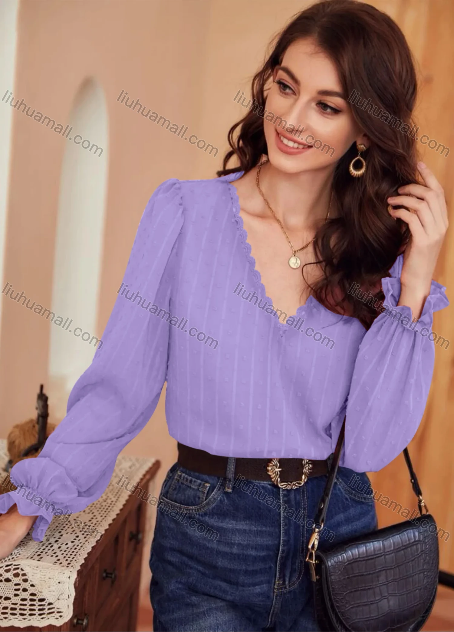 Wholesale Women's Casual Plain V Neck Long Sleeve Blouse - Liuhuamall