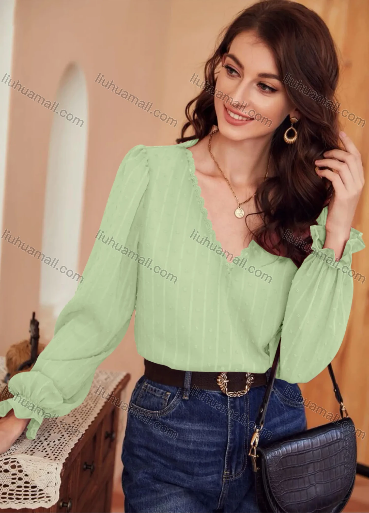 Wholesale Women's Casual Plain V Neck Long Sleeve Blouse - Liuhuamall