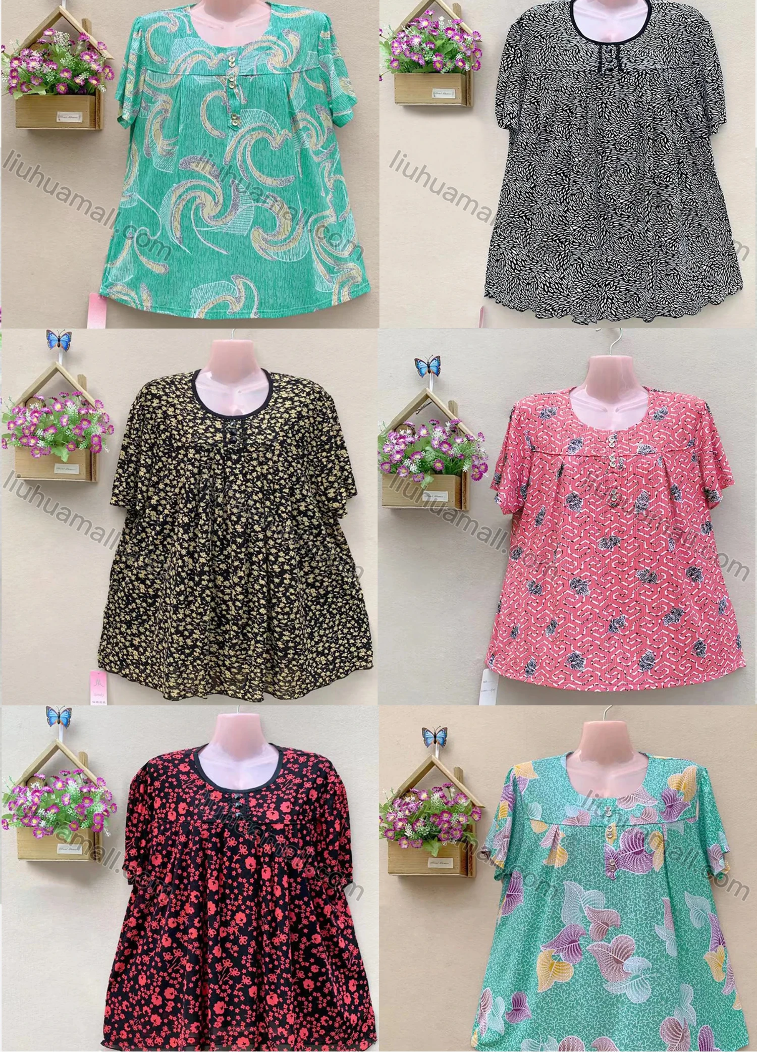 Wholesale Women's Casual Crew Neck Short Sleeve Allover Print Oversized Blouse - Liuhuamall