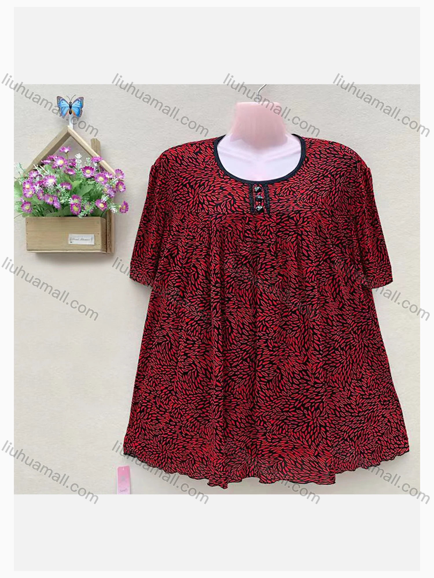 Wholesale Women's Casual Crew Neck Short Sleeve Allover Print Oversized Blouse - Liuhuamall