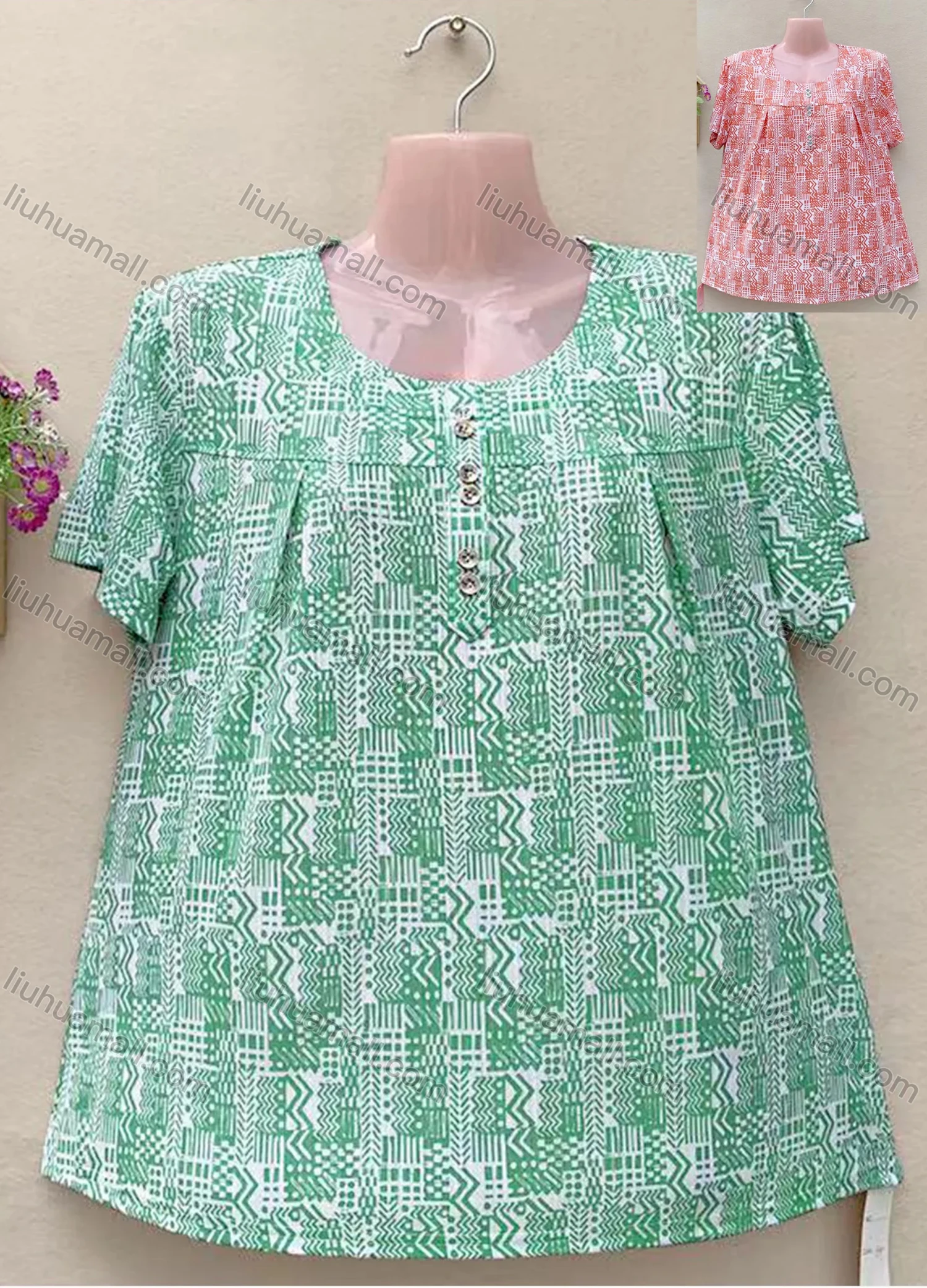 Wholesale Women's Casual Crew Neck Short Sleeve Allover Print Oversized Blouse - Liuhuamall