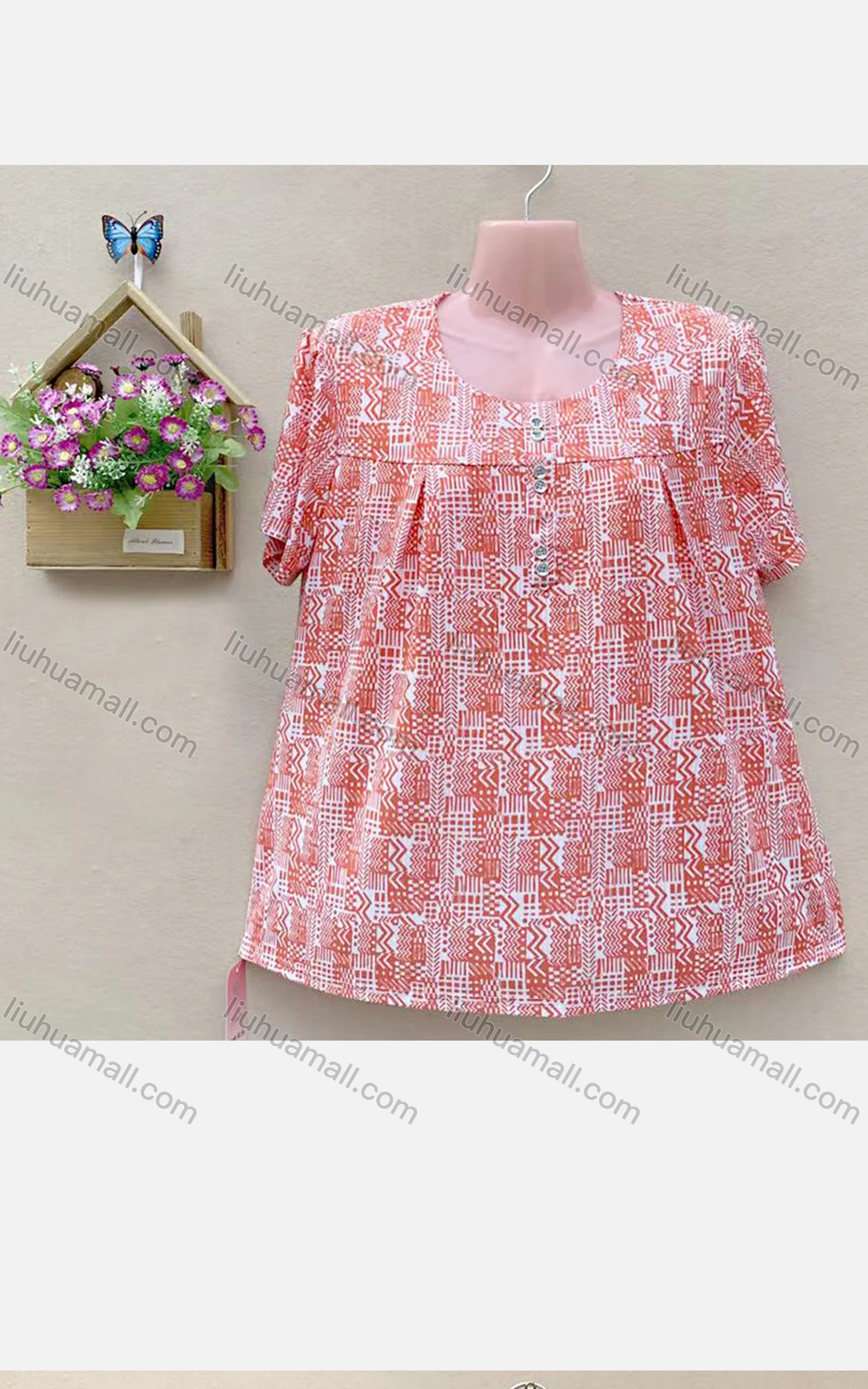 Wholesale Women's Casual Crew Neck Short Sleeve Allover Print Oversized Blouse - Liuhuamall