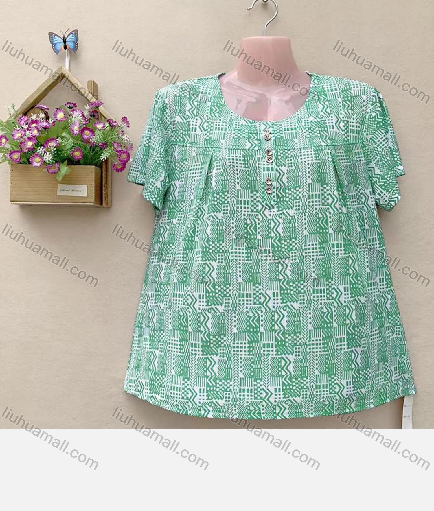Wholesale Women's Casual Crew Neck Short Sleeve Allover Print Oversized Blouse - Liuhuamall