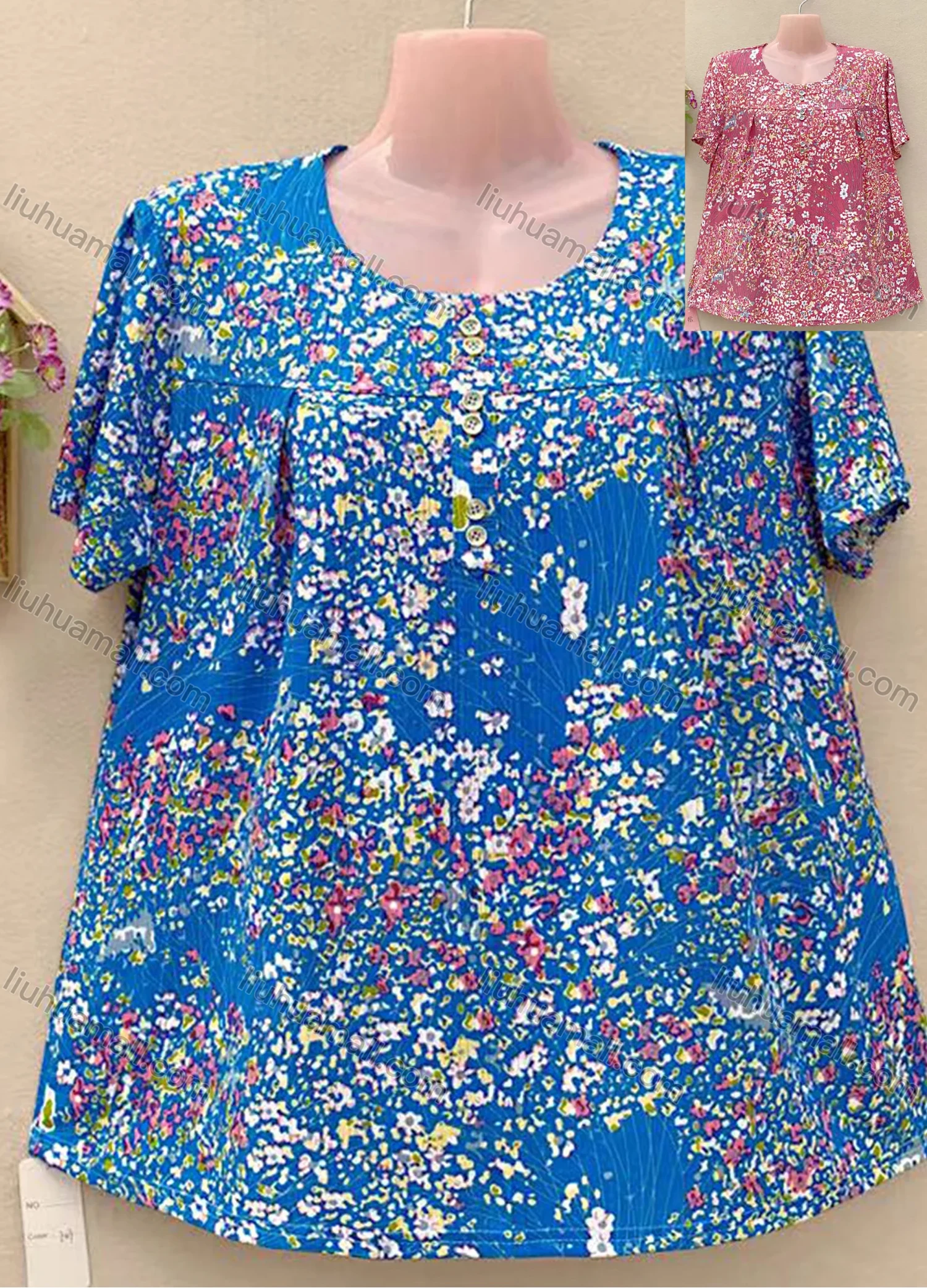 Wholesale Women's Casual Crew Neck Short Sleeve Ditsy Floral Oversized Blouse - Liuhuamall