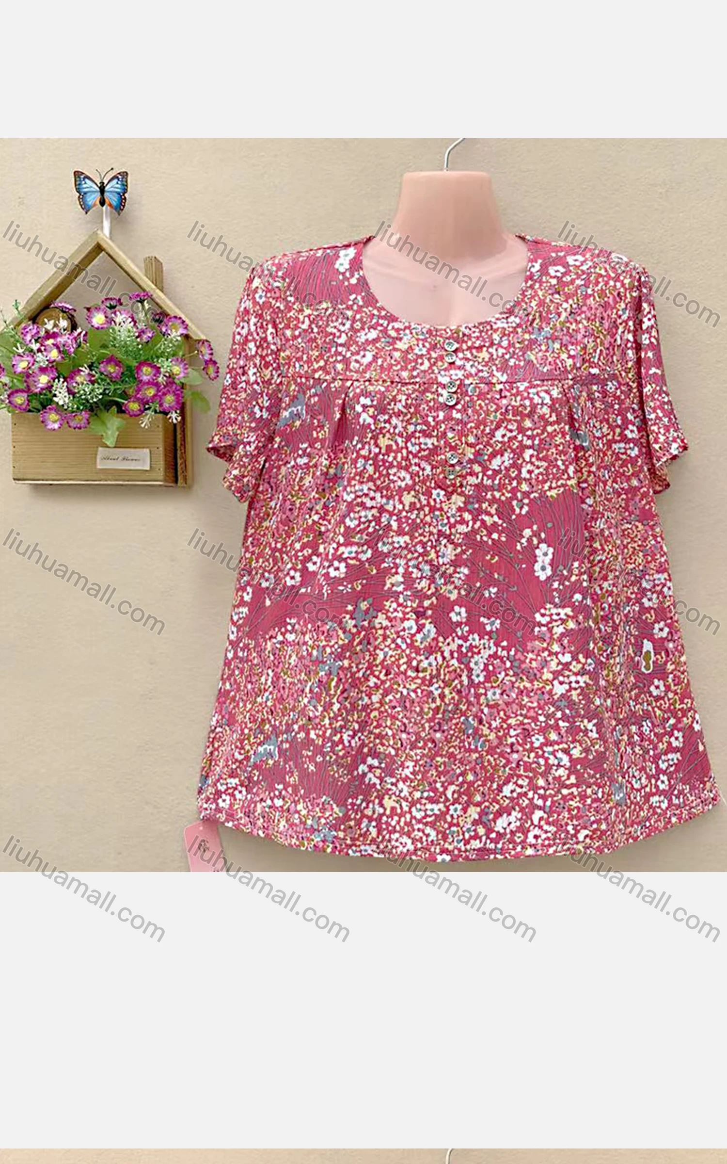 Wholesale Women's Casual Crew Neck Short Sleeve Ditsy Floral Oversized Blouse - Liuhuamall