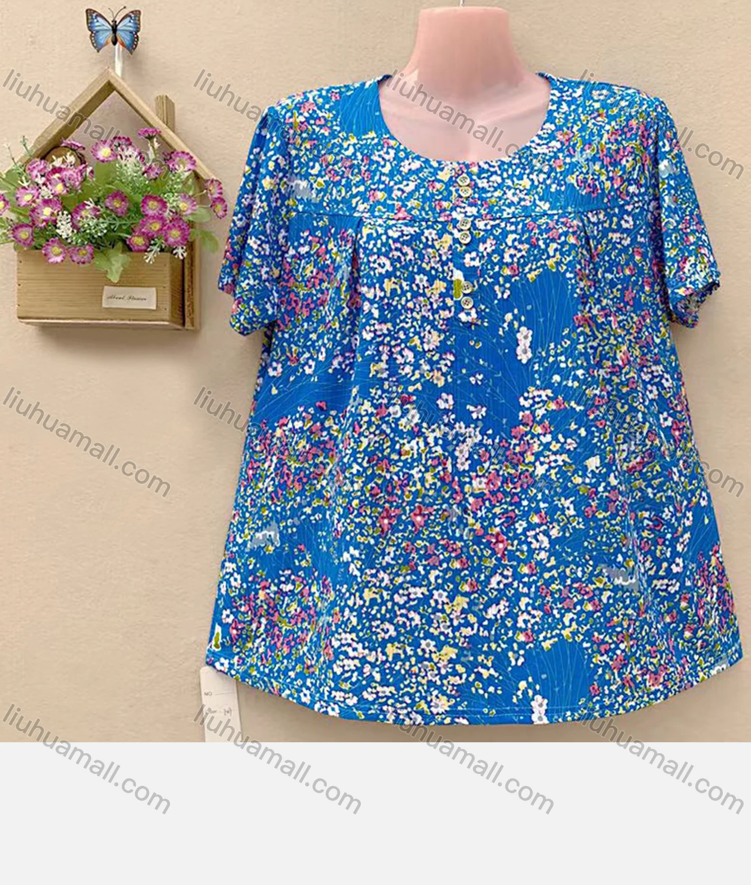 Wholesale Women's Casual Crew Neck Short Sleeve Ditsy Floral Oversized Blouse - Liuhuamall