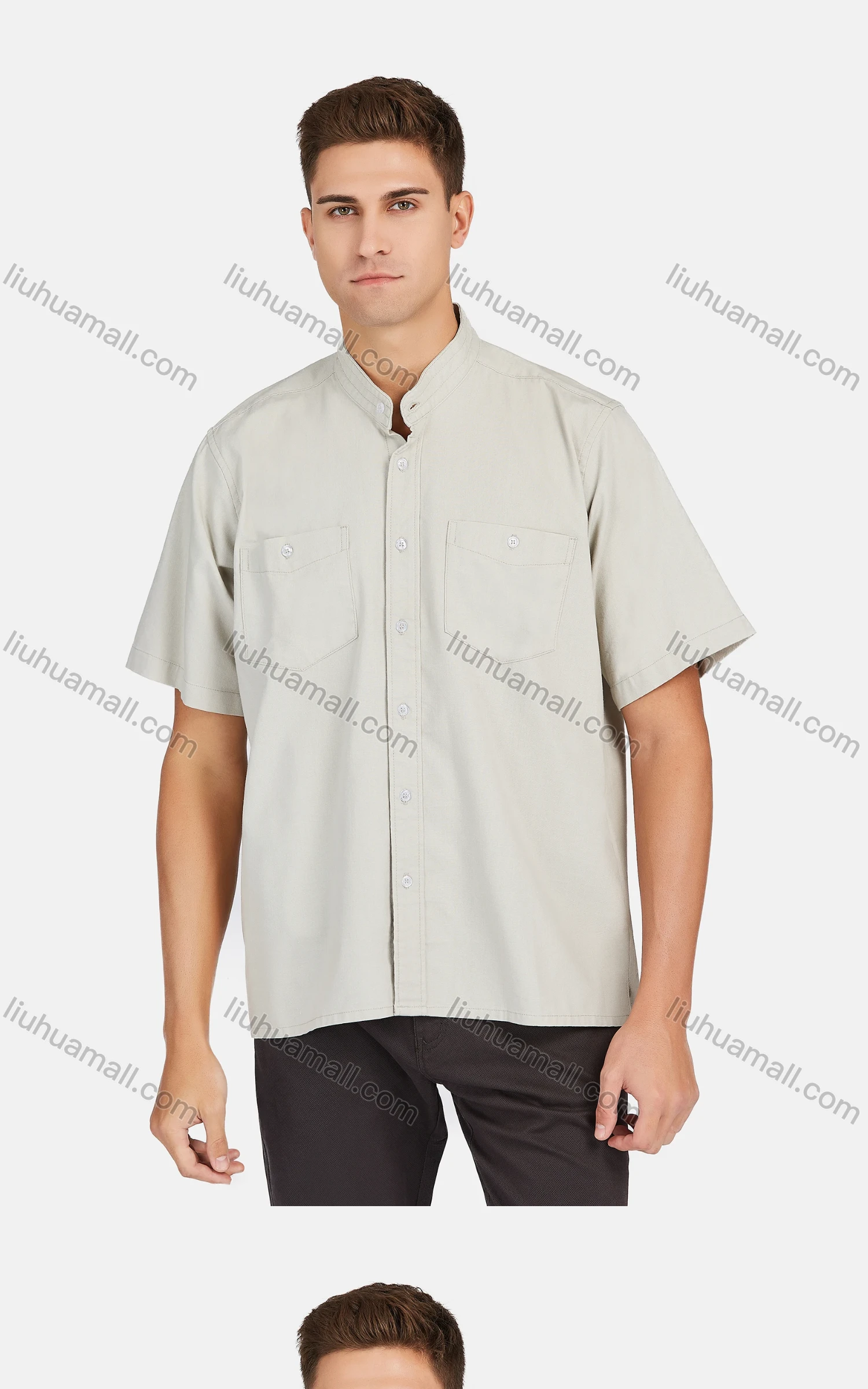 Wholesale Men's Fashion Loose Fit Mandarin Collar Short Sleeve Button Down Shirts - Liuhuamall