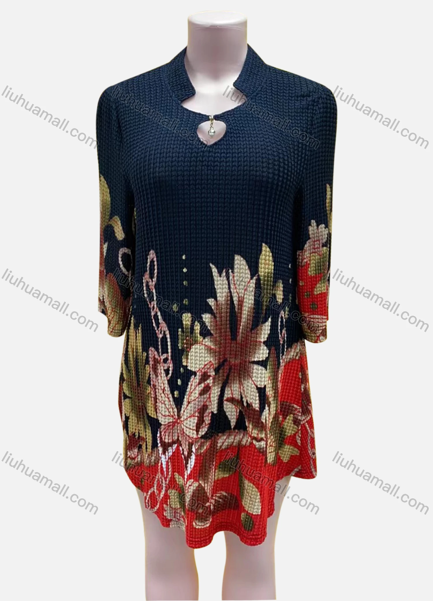 Wholesale Women's Casual Stand Collar Long Sleeve Floral Print Knit Dress - Liuhuamall