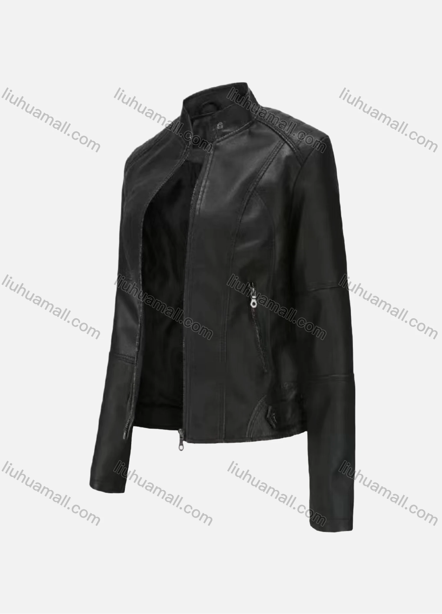 Wholesale Women's Casual Stand Collar Long Sleeve Zipper Plain Leather Jacket - Liuhuamall