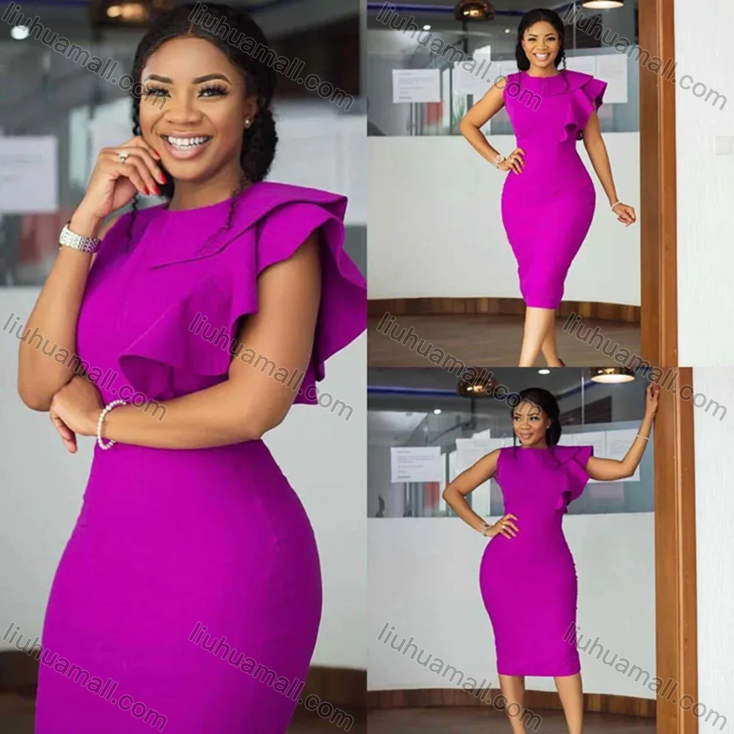 Wholesale Women's Plain Round Neck Ruffle Trim Bodycon Cocktail Midi Dress - Liuhuamall