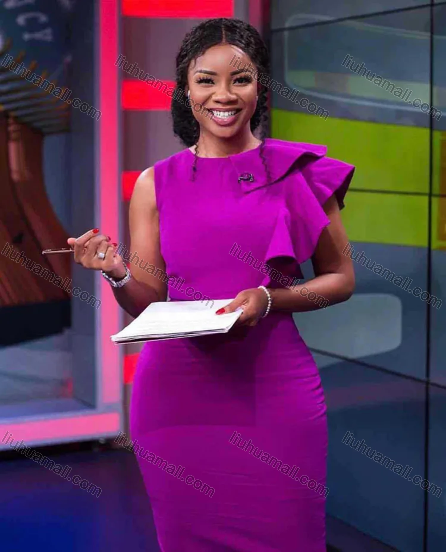 Wholesale Women's Plain Round Neck Ruffle Trim Bodycon Cocktail Midi Dress - Liuhuamall