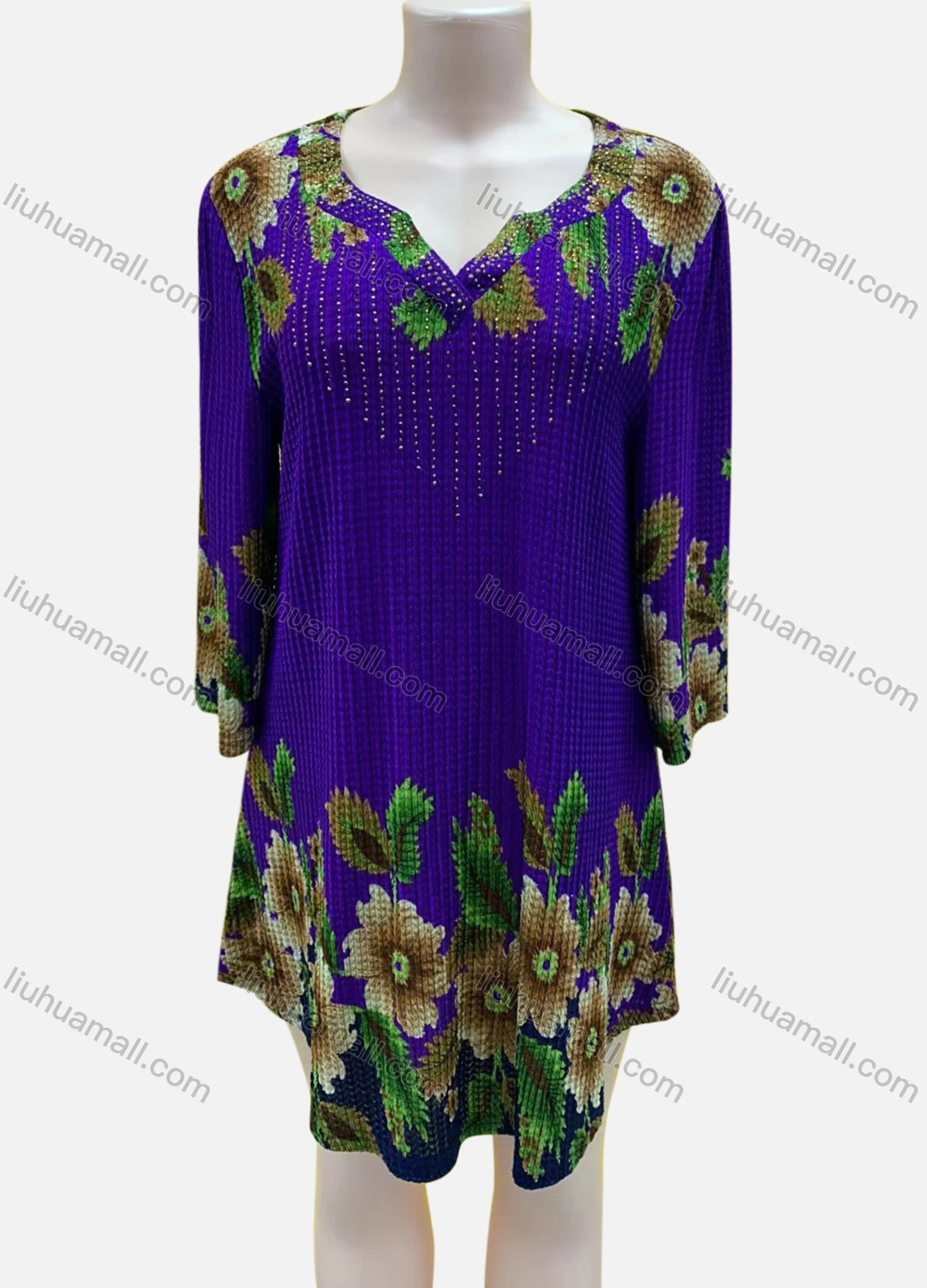 Wholesale Women's Casual Notched Neck Long Sleeve Floral Print Knit Dress - Liuhuamall