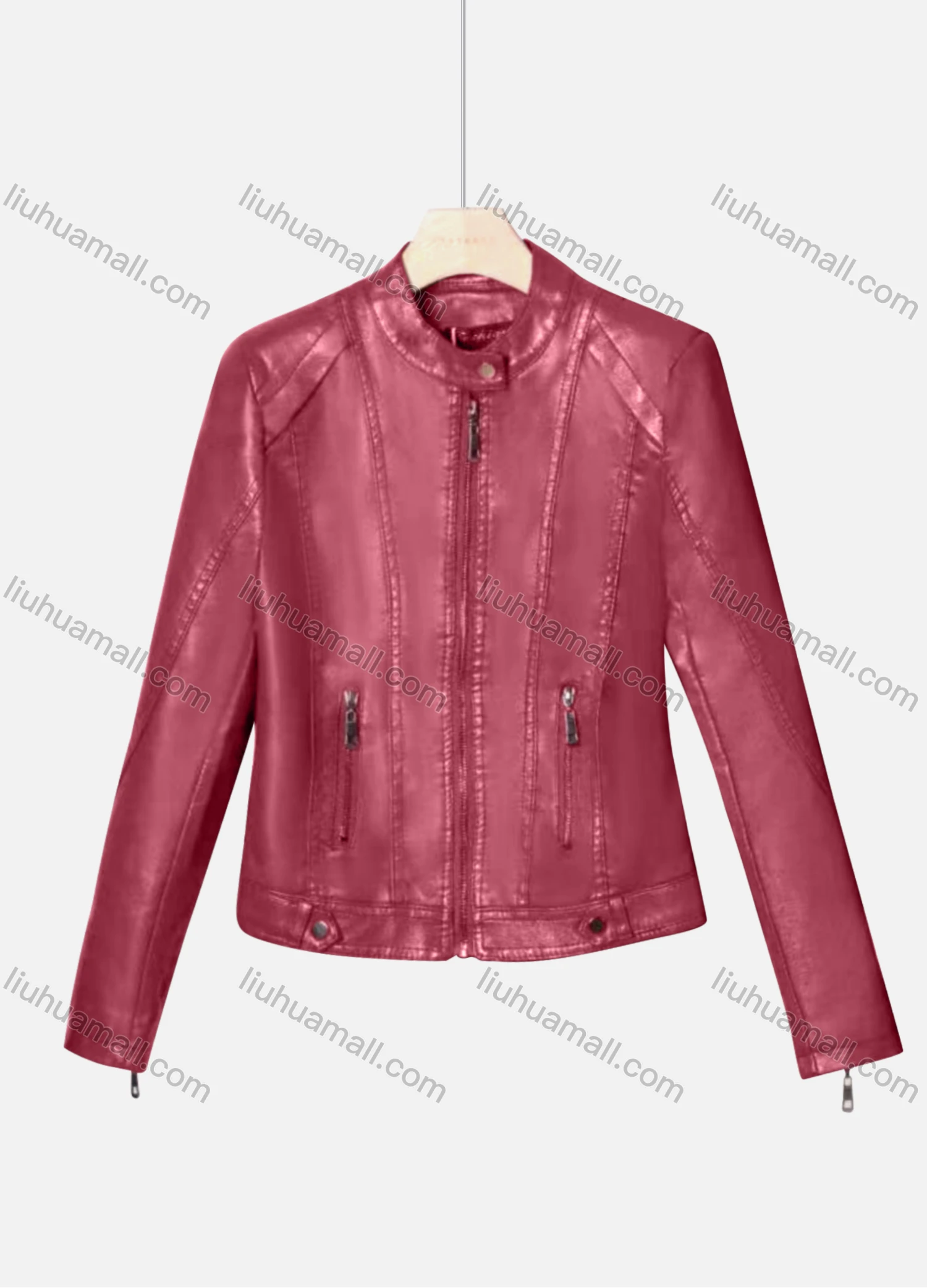 Wholesale Women's Casual Stand Collar Long Sleeve Zipper Plain Leather Jacket - Liuhuamall