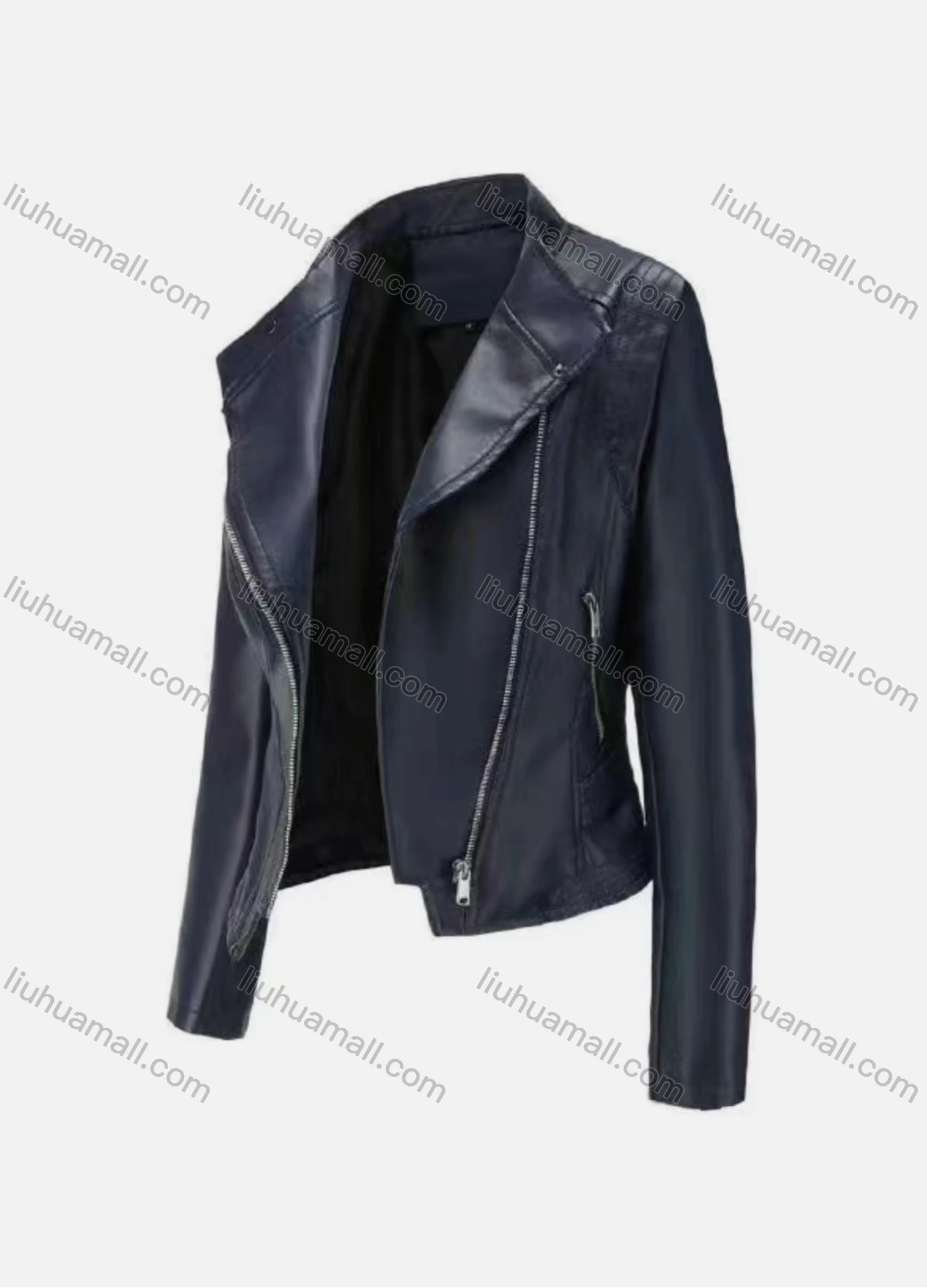 Wholesale Women's Casual Lapel Long Sleeve Zipper Plain Leather Jacket - Liuhuamall