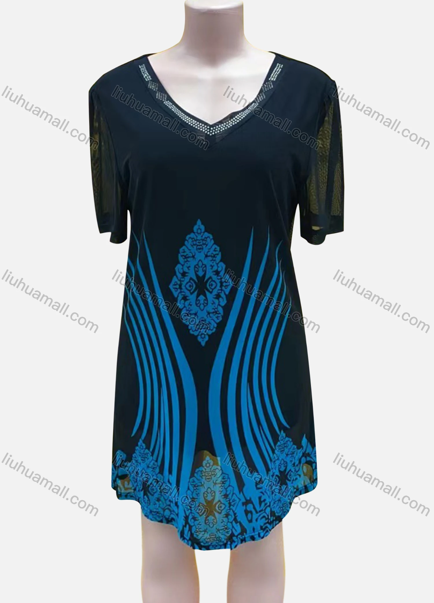 Wholesale Women's Casual V Neck Short Sleeve Folkloric Print Short Dress - Liuhuamall