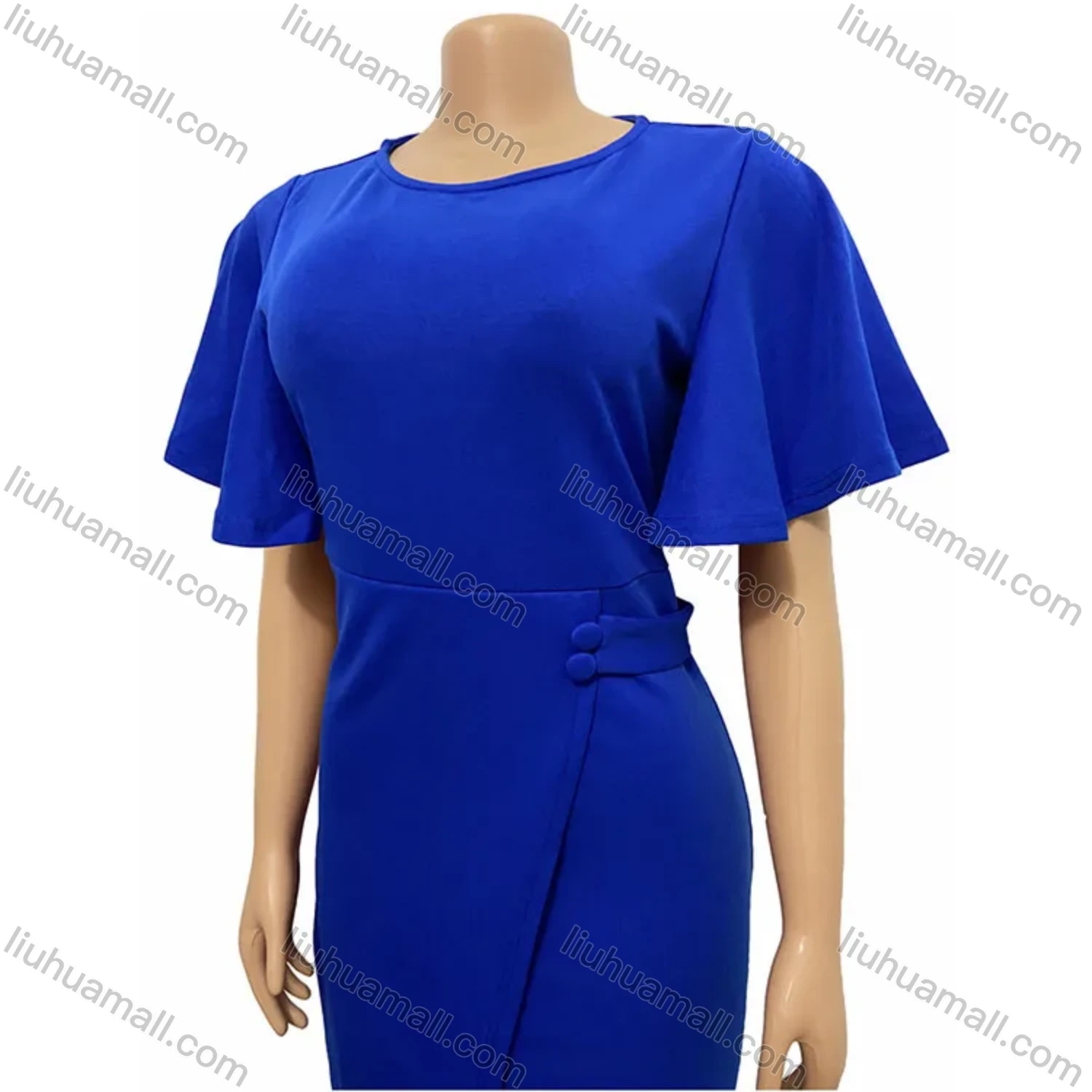 Wholesale Women's Plain Round Neck Ruffle Sleeve Button Front Bodycon Cocktail Midi Dress - Liuhuamall