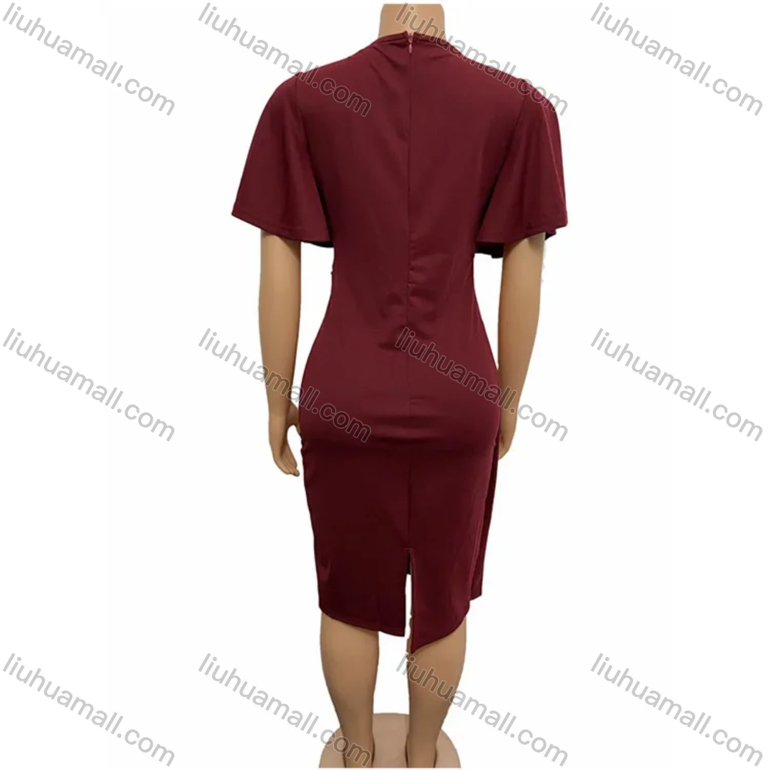 Wholesale Women's Plain Round Neck Ruffle Sleeve Button Front Bodycon Cocktail Midi Dress - Liuhuamall