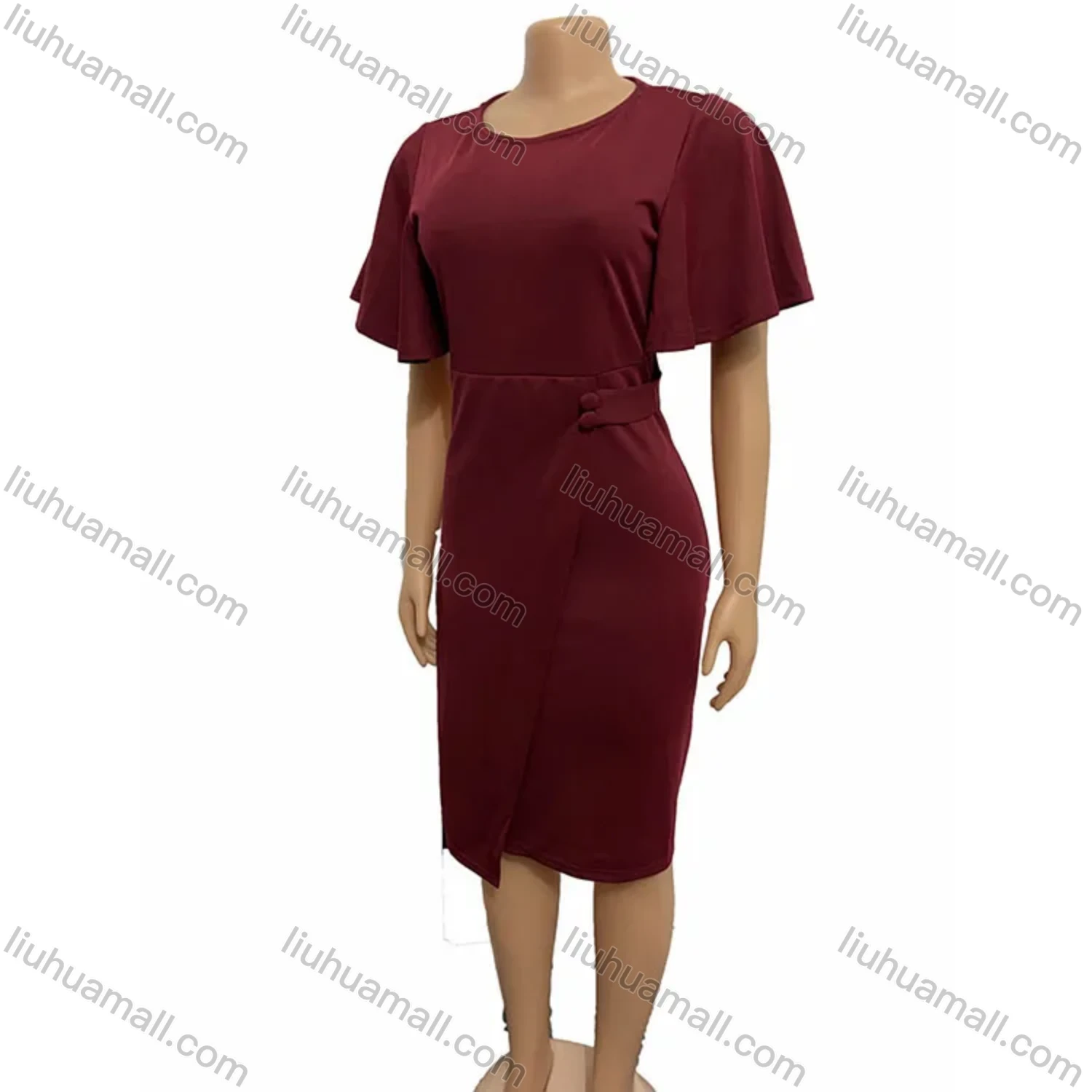 Wholesale Women's Plain Round Neck Ruffle Sleeve Button Front Bodycon Cocktail Midi Dress - Liuhuamall