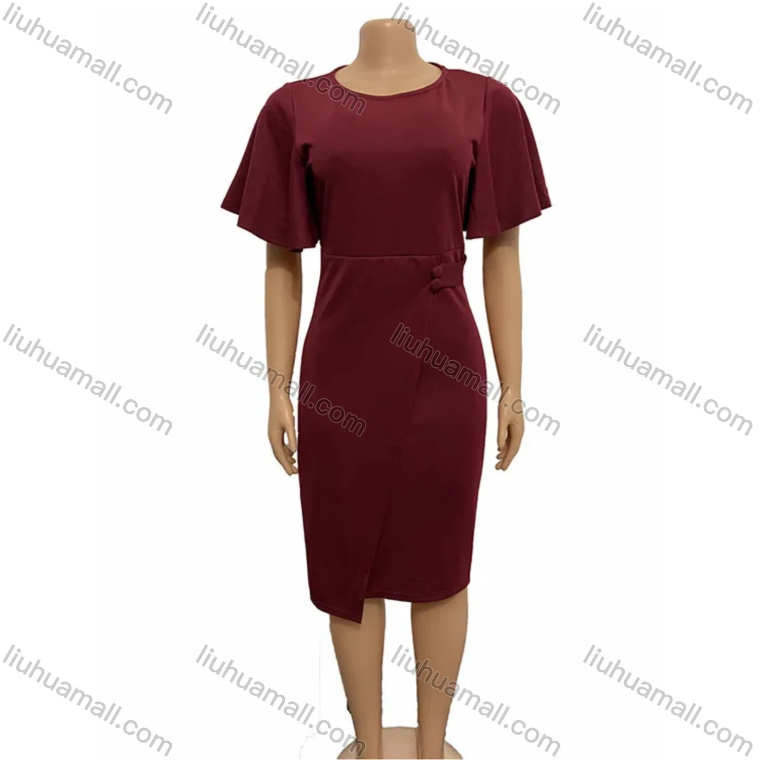 Wholesale Women's Plain Round Neck Ruffle Sleeve Button Front Bodycon Cocktail Midi Dress - Liuhuamall