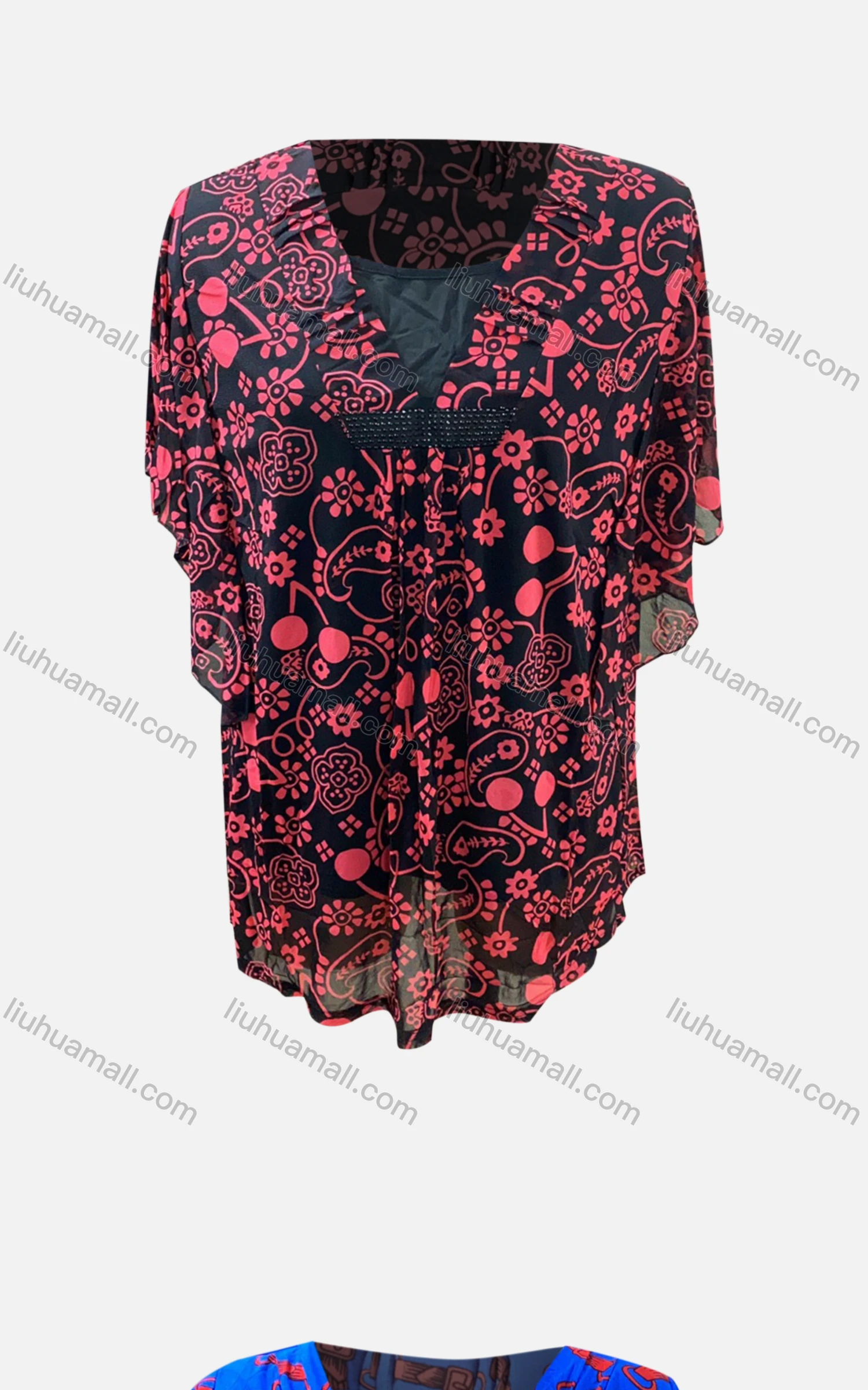 Wholesale Women's Casual V Neck Bat Sleeve Allover Print Blouse - Liuhuamall