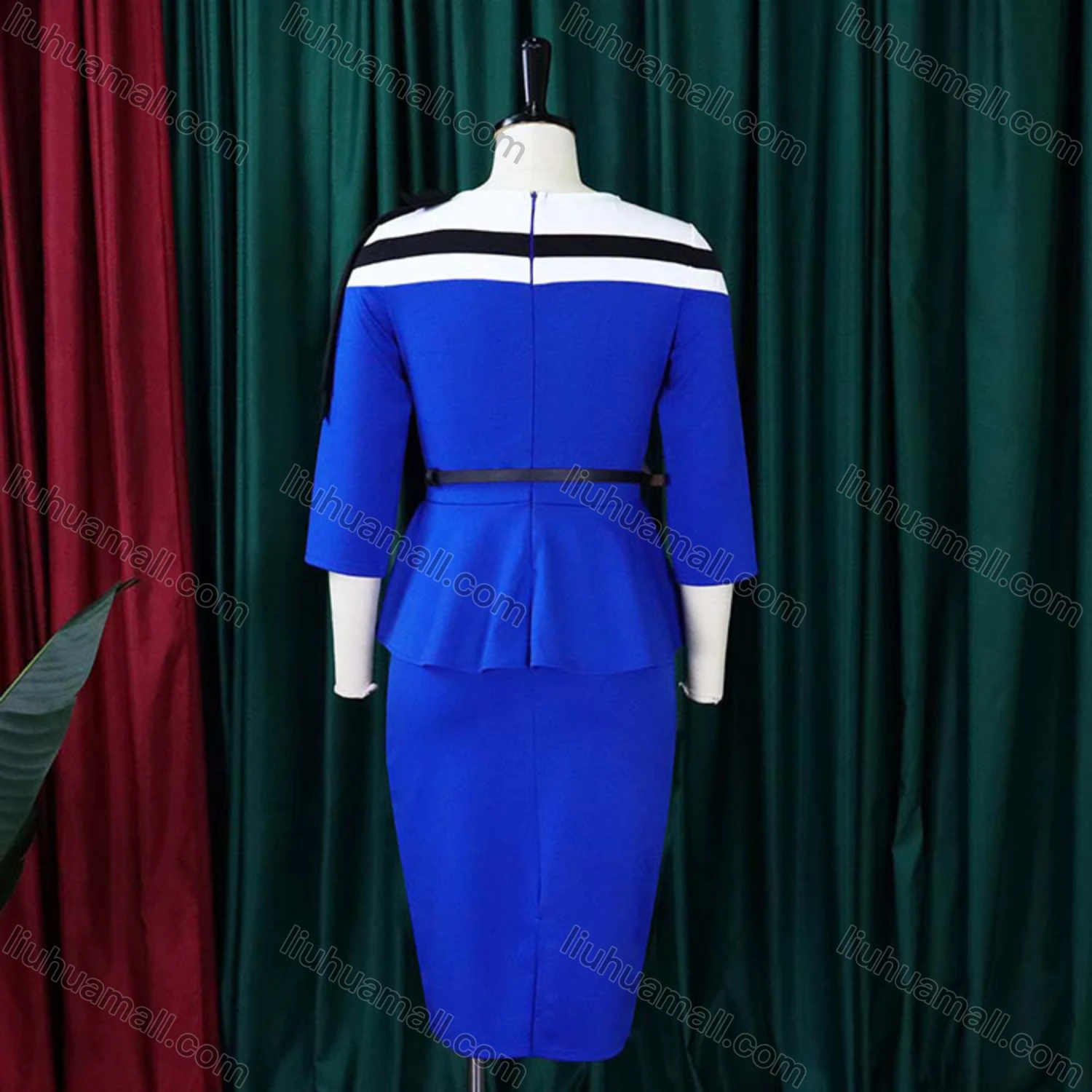 Wholesale Women's Striped Colorblock Round Neck Bowknot Bodycon Cocktail Midi Dress With Belt - Liuhuamall