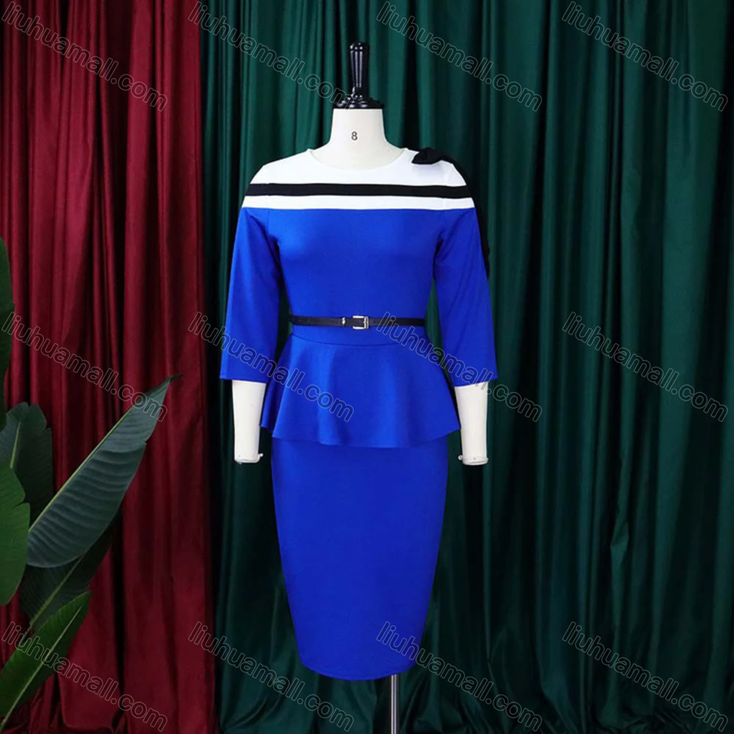 Wholesale Women's Striped Colorblock Round Neck Bowknot Bodycon Cocktail Midi Dress With Belt - Liuhuamall