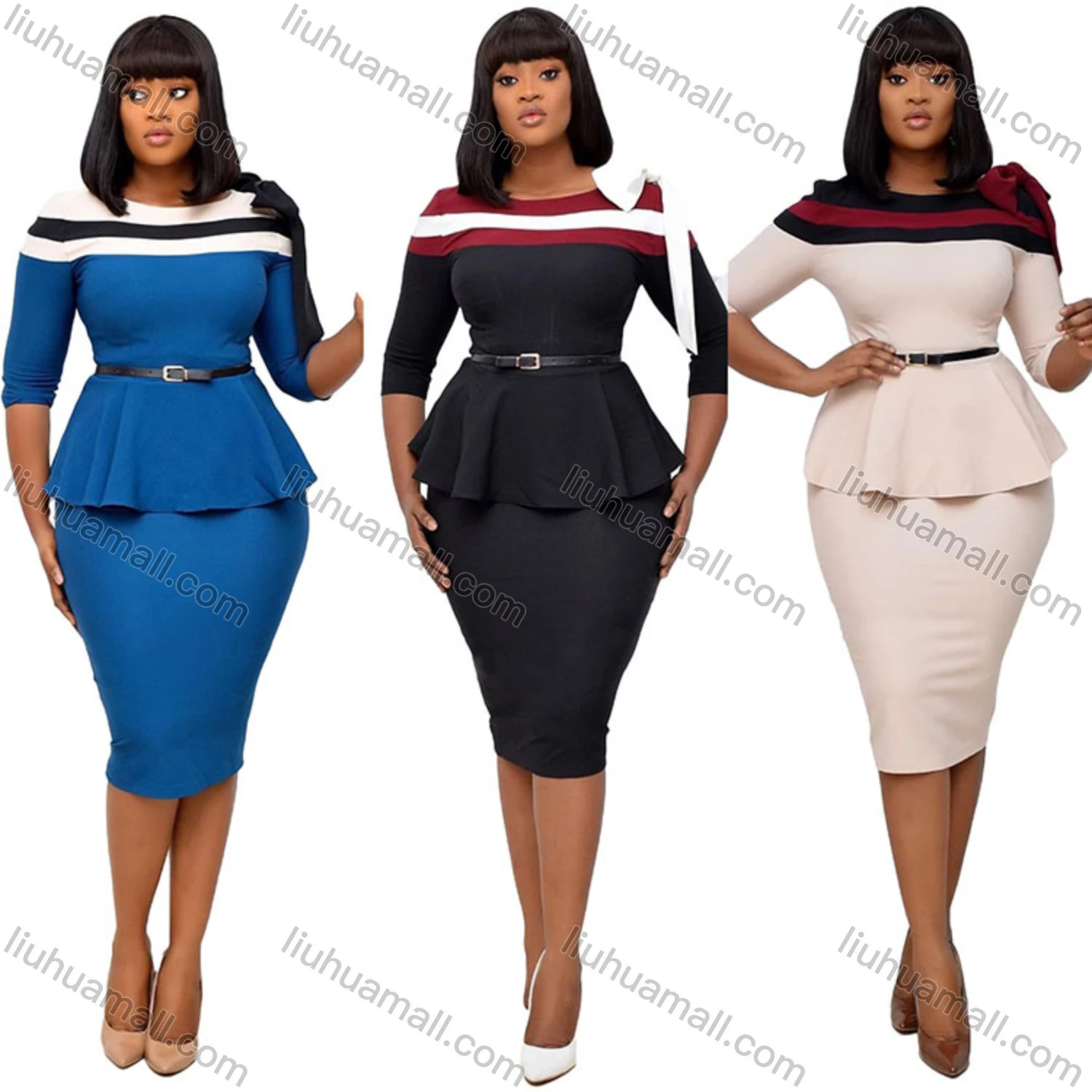 Wholesale Women's Striped Colorblock Round Neck Bowknot Bodycon Cocktail Midi Dress With Belt - Liuhuamall