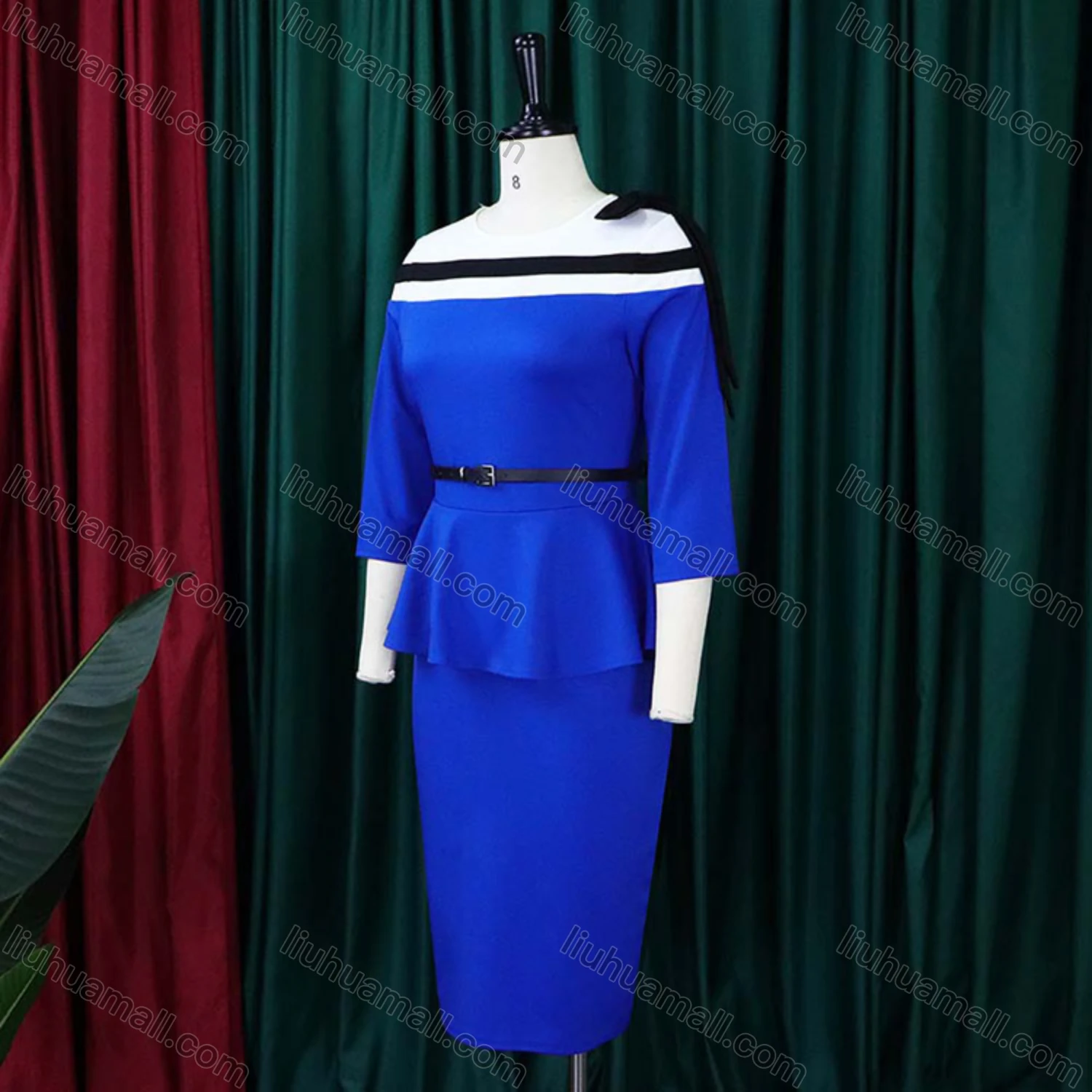 Wholesale Women's Striped Colorblock Round Neck Bowknot Bodycon Cocktail Midi Dress With Belt - Liuhuamall