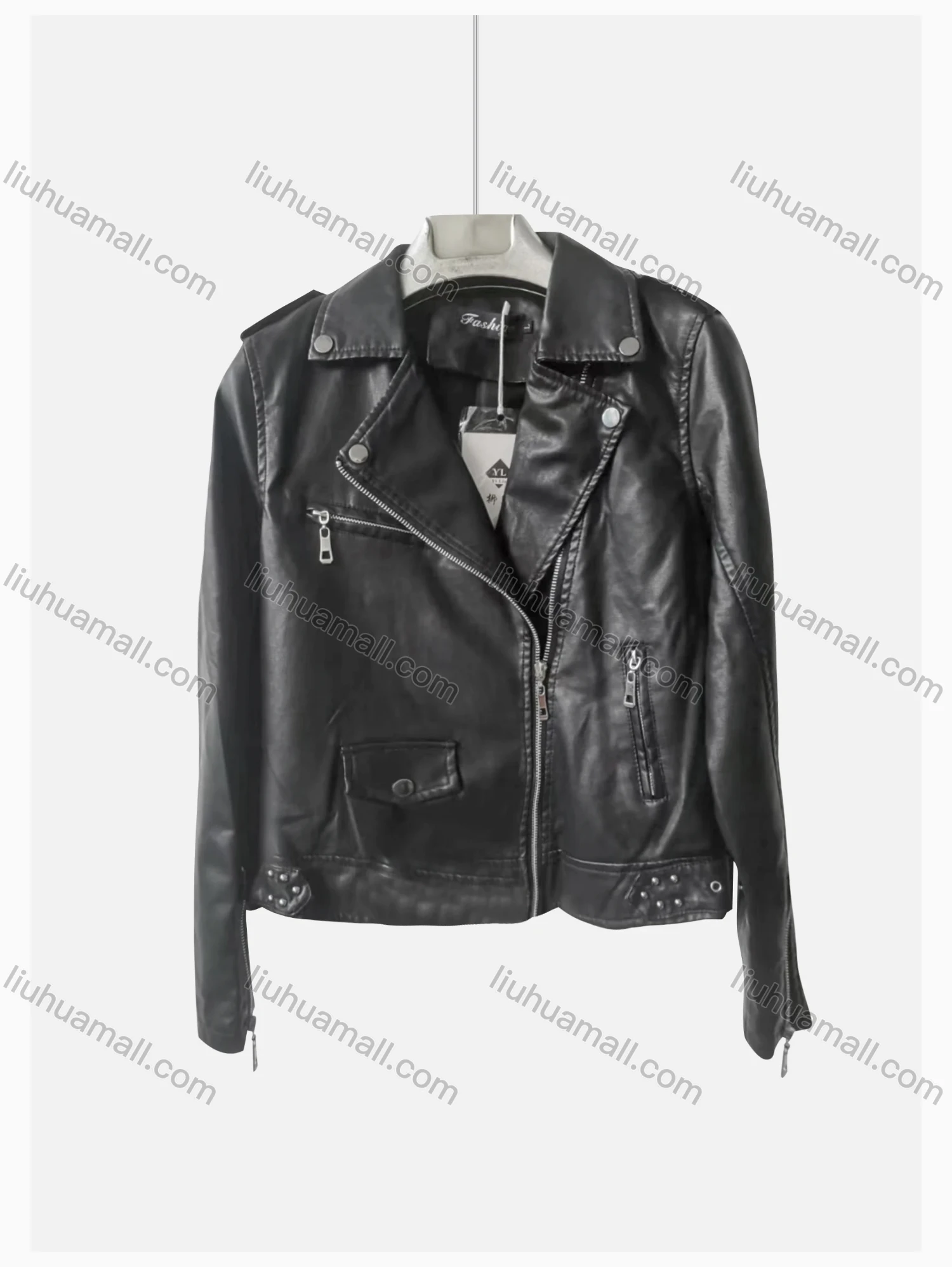 Wholesale Women's Casual Lapel Long Sleeve Zipper Plain Leather Biker Jacket - Liuhuamall