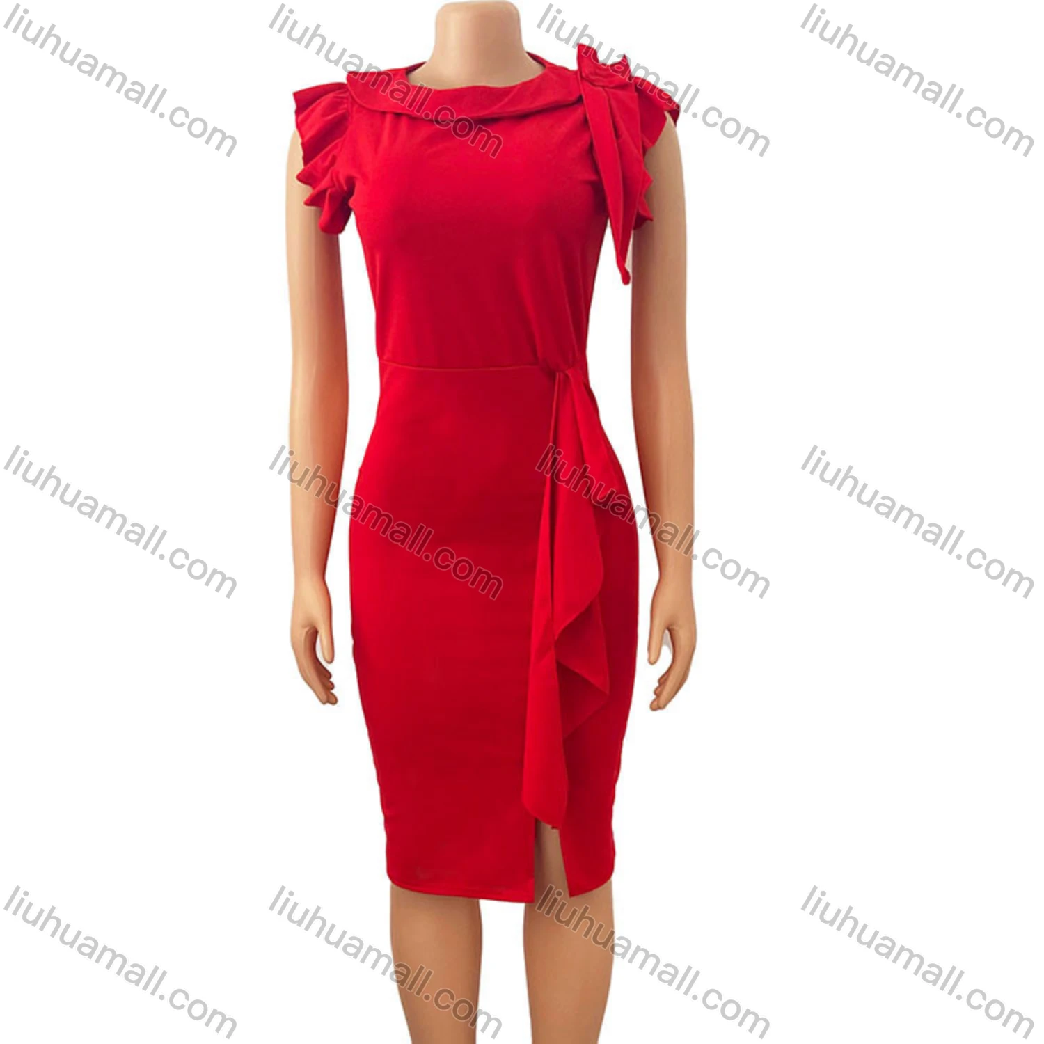 Wholesale Women's Plain Round Neck Ruffle Trim Bodycon Cocktail Midi Dress - Liuhuamall