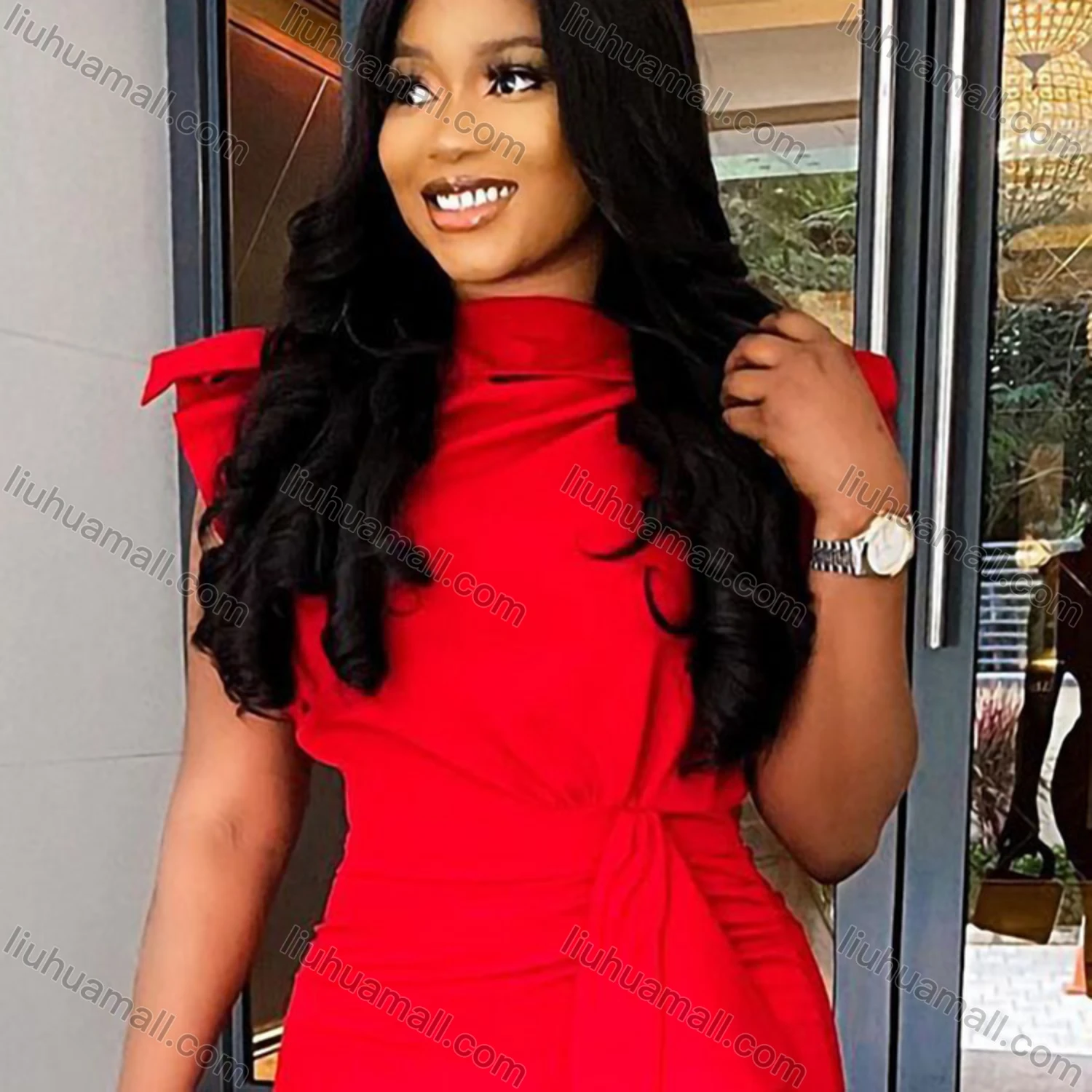 Wholesale Women's Plain Round Neck Ruffle Trim Bodycon Cocktail Midi Dress - Liuhuamall