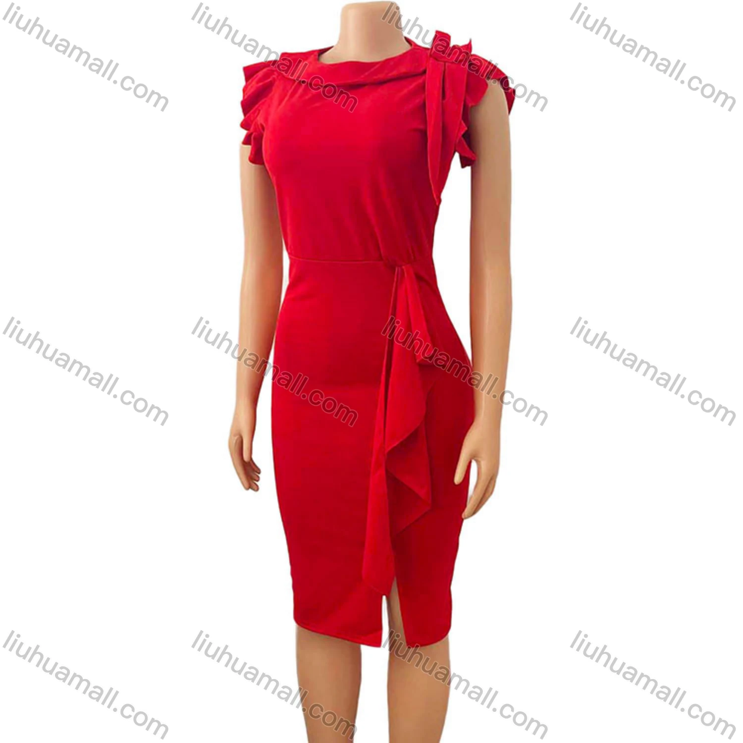 Wholesale Women's Plain Round Neck Ruffle Trim Bodycon Cocktail Midi Dress - Liuhuamall