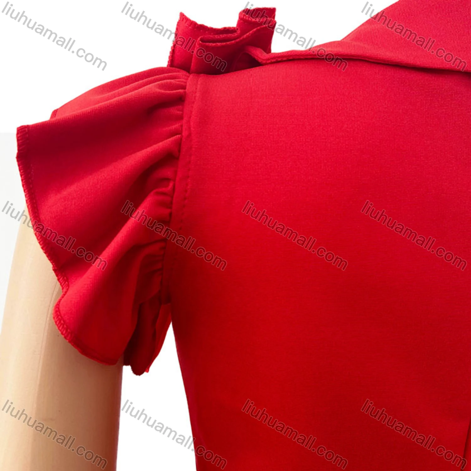 Wholesale Women's Plain Round Neck Ruffle Trim Bodycon Cocktail Midi Dress - Liuhuamall