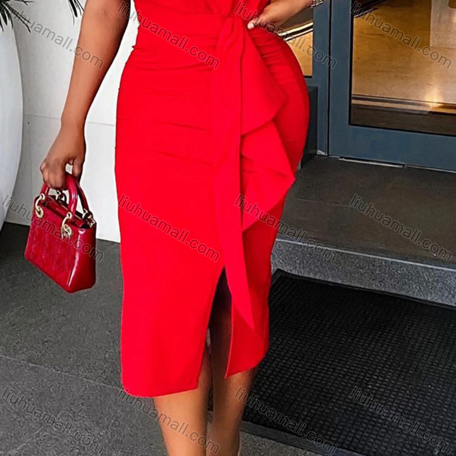 Wholesale Women's Plain Round Neck Ruffle Trim Bodycon Cocktail Midi Dress - Liuhuamall