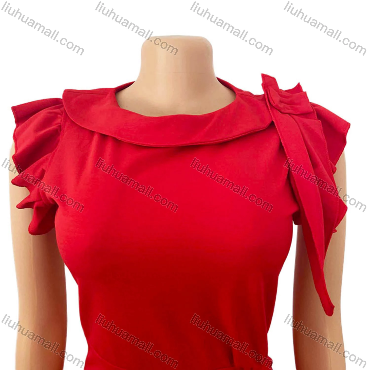 Wholesale Women's Plain Round Neck Ruffle Trim Bodycon Cocktail Midi Dress - Liuhuamall