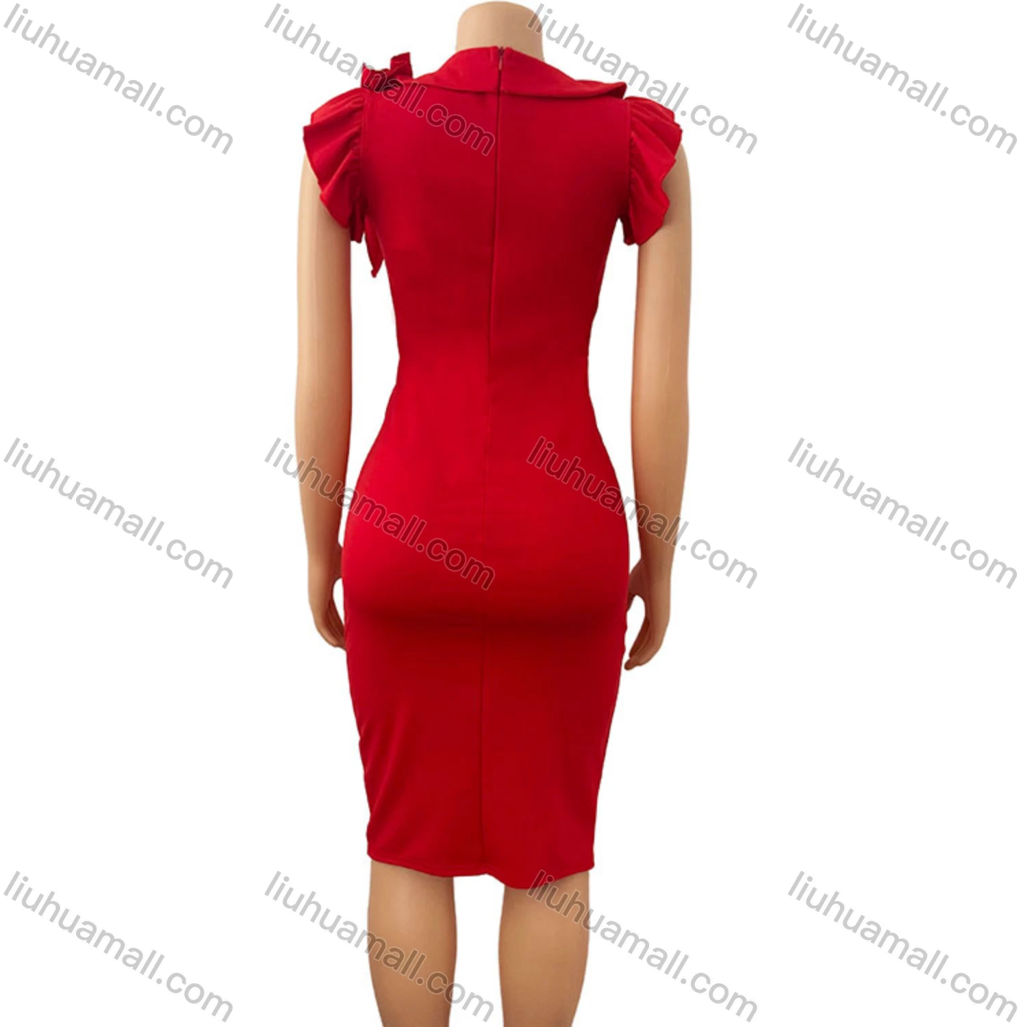 Wholesale Women's Plain Round Neck Ruffle Trim Bodycon Cocktail Midi Dress - Liuhuamall