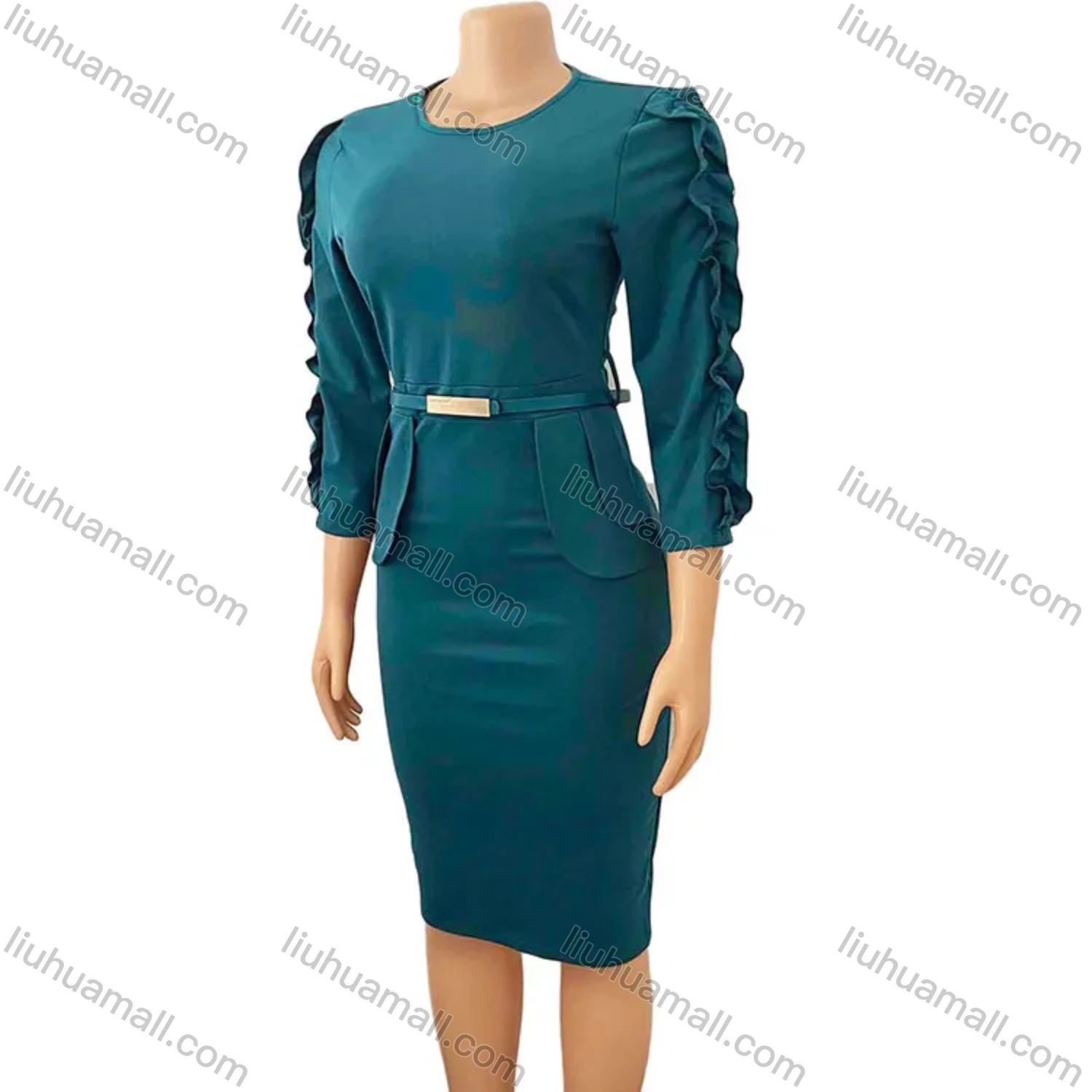 Wholesale Women's Plain Round Neck Ruffle Trim Bodycon Cocktail Midi Dress With Belt - Liuhuamall