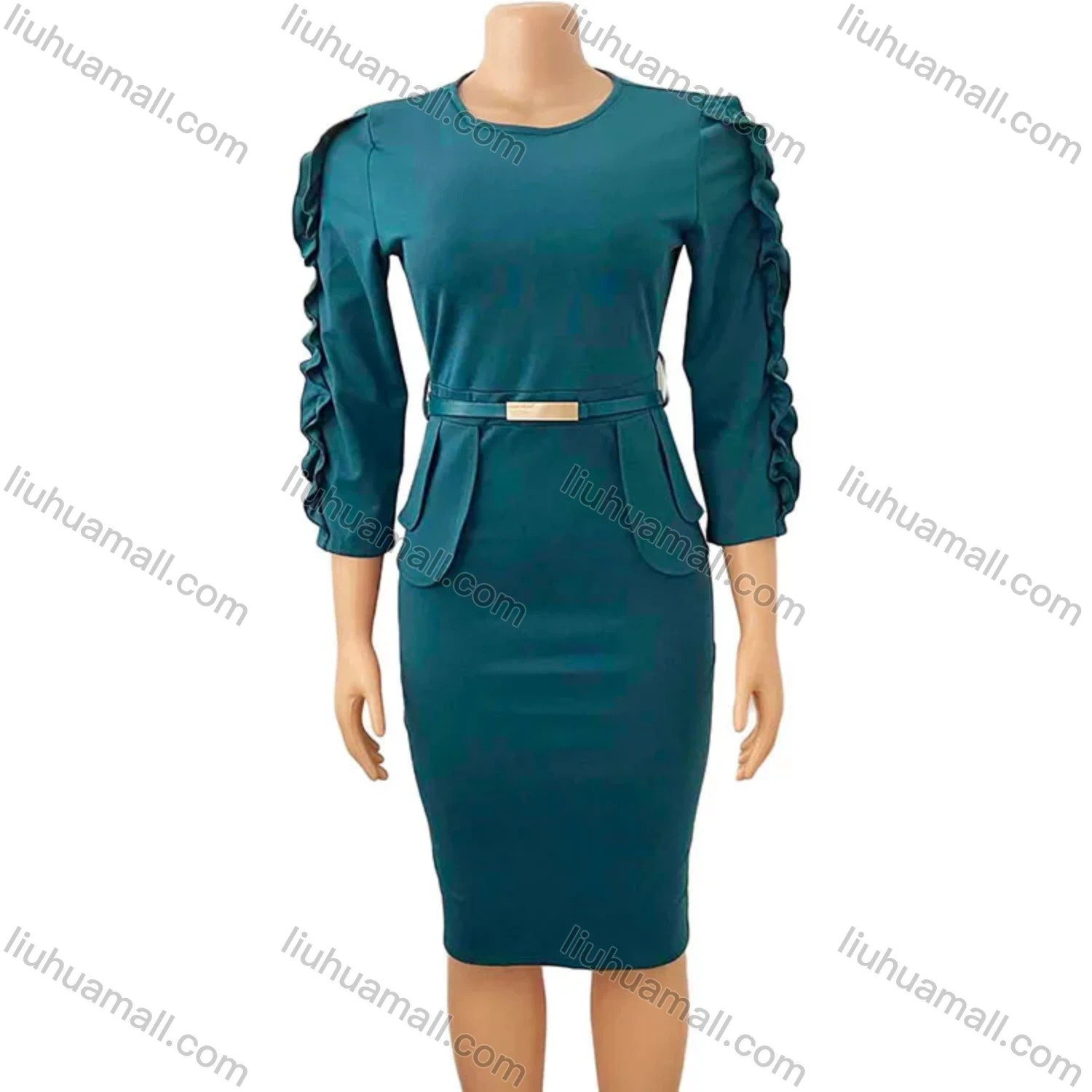 Wholesale Women's Plain Round Neck Ruffle Trim Bodycon Cocktail Midi Dress With Belt - Liuhuamall