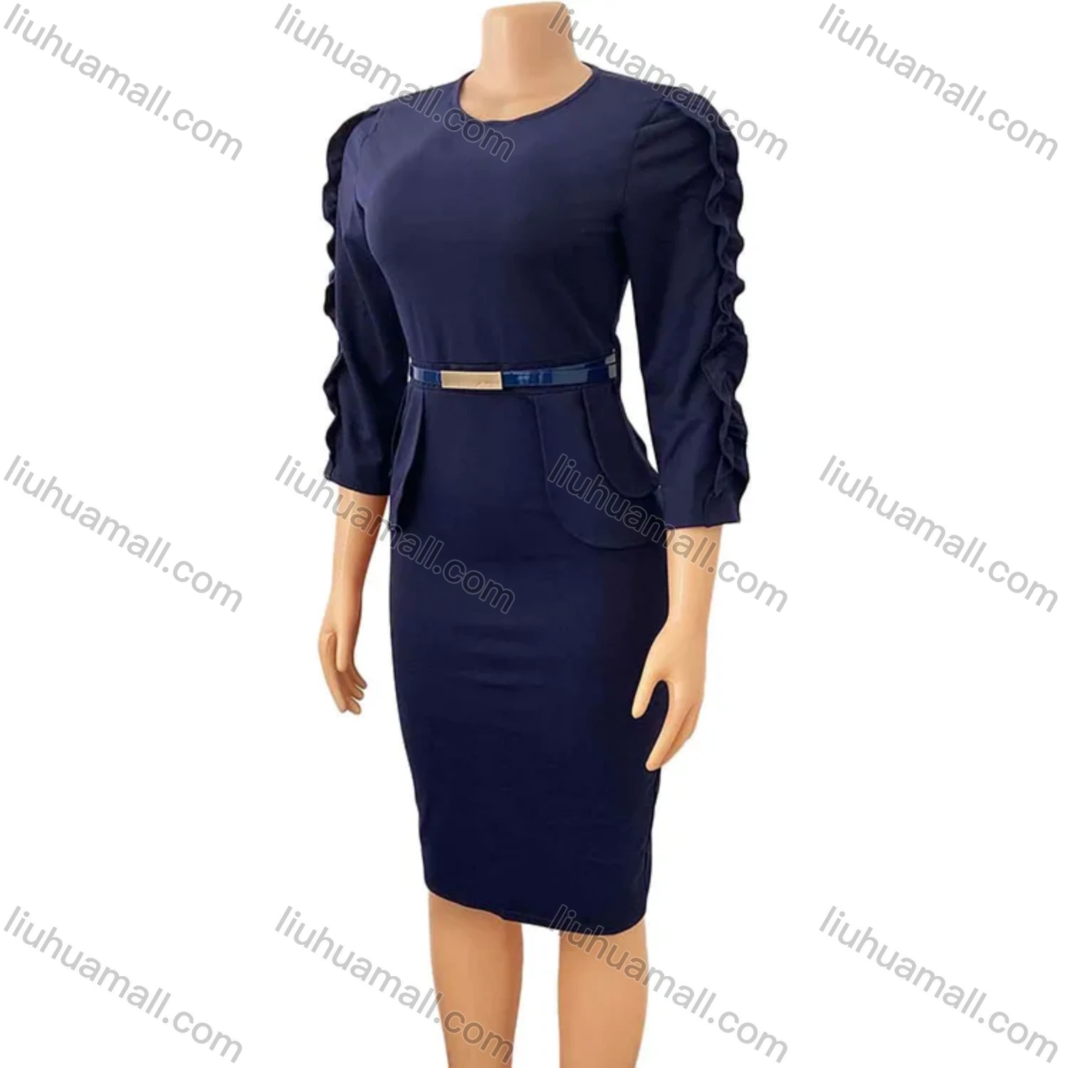 Wholesale Women's Plain Round Neck Ruffle Trim Bodycon Cocktail Midi Dress With Belt - Liuhuamall