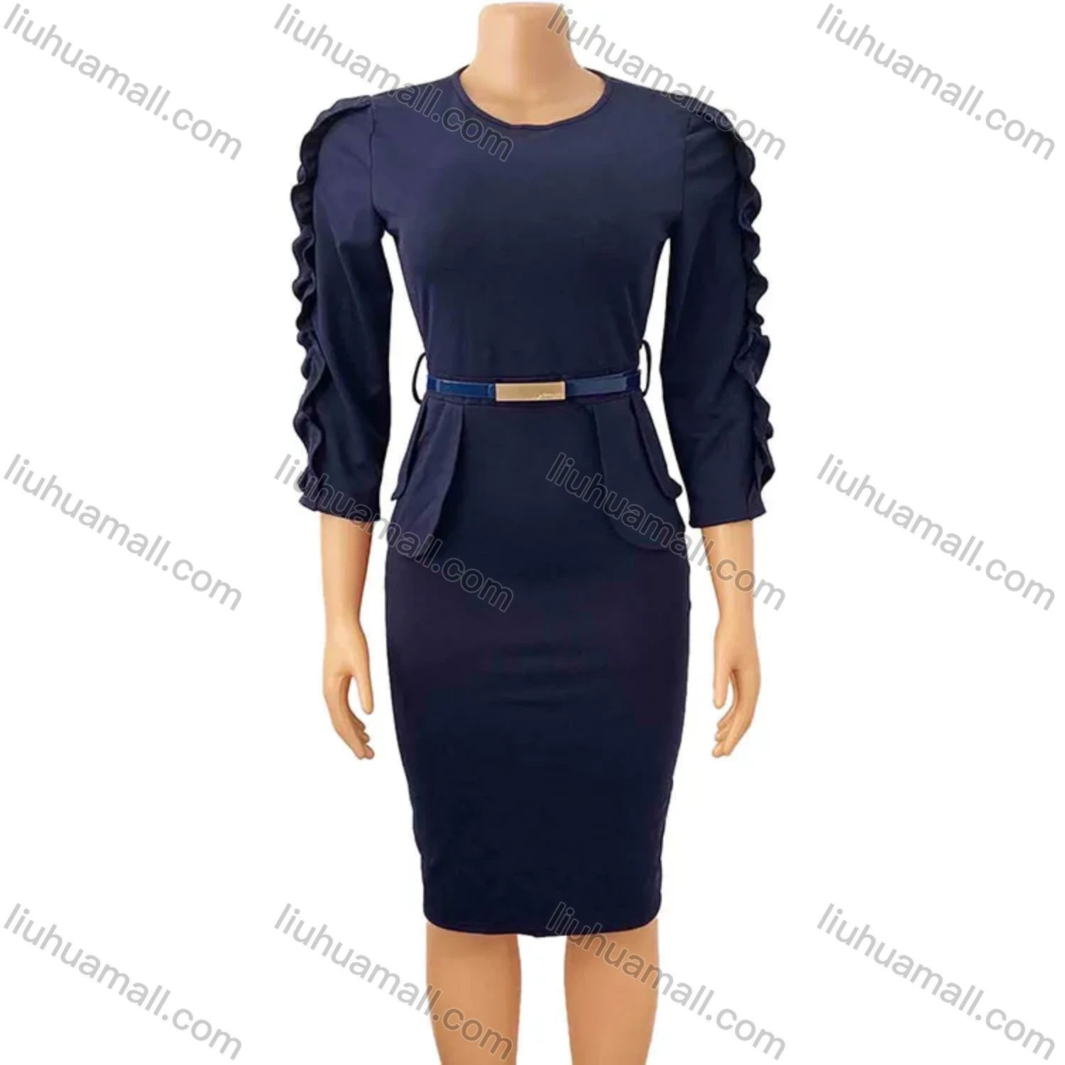 Wholesale Women's Plain Round Neck Ruffle Trim Bodycon Cocktail Midi Dress With Belt - Liuhuamall