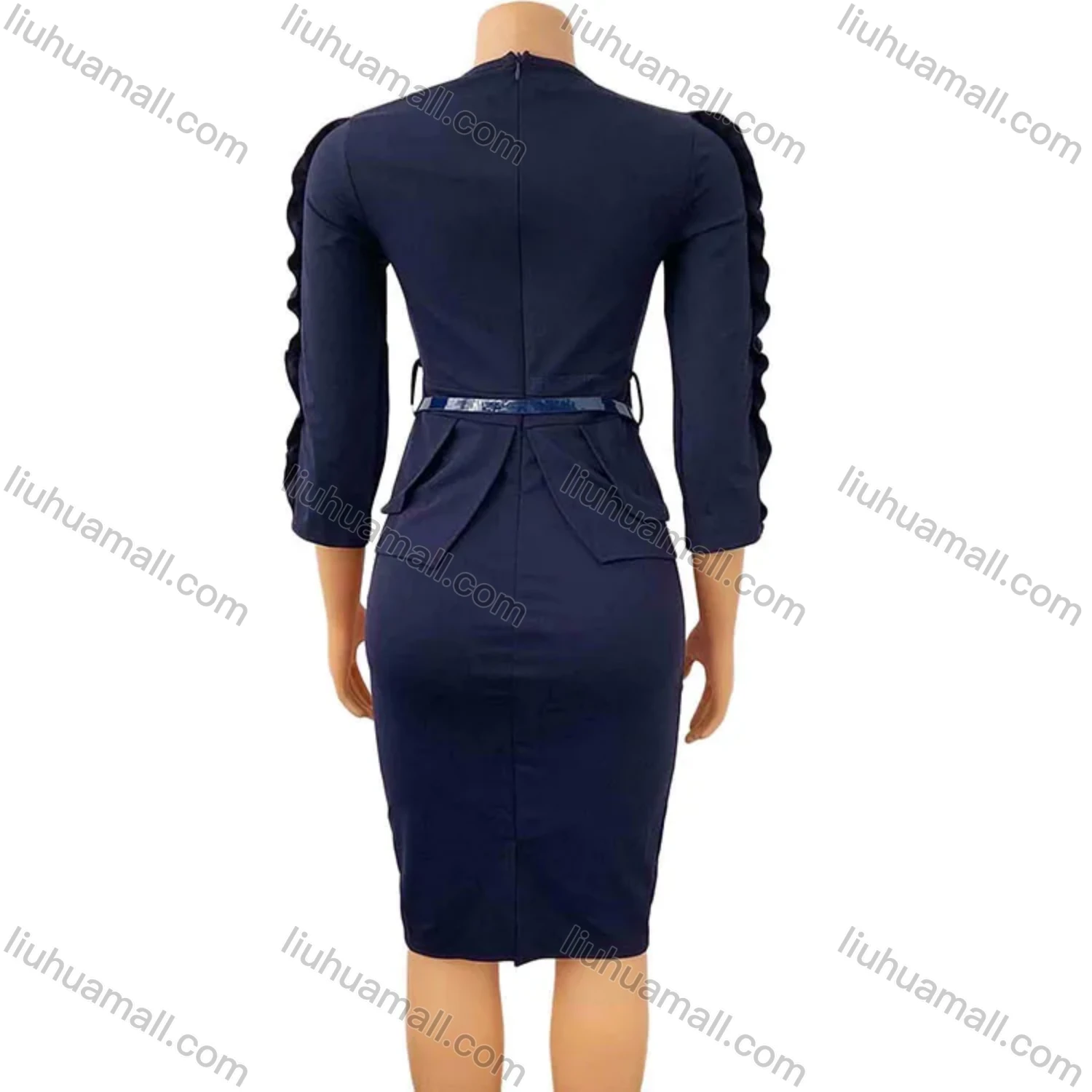 Wholesale Women's Plain Round Neck Ruffle Trim Bodycon Cocktail Midi Dress With Belt - Liuhuamall
