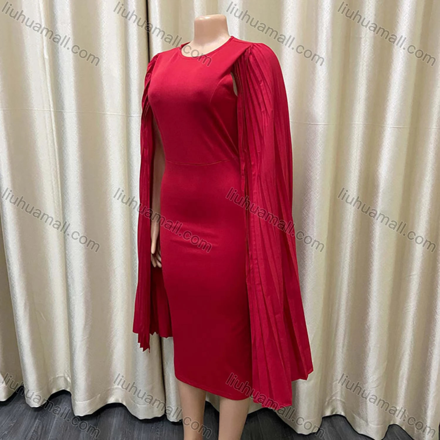 Wholesale Women's Plain Round Neck Pleated Shawl Sleeve Bodycon Cocktail Midi Dress - Liuhuamall