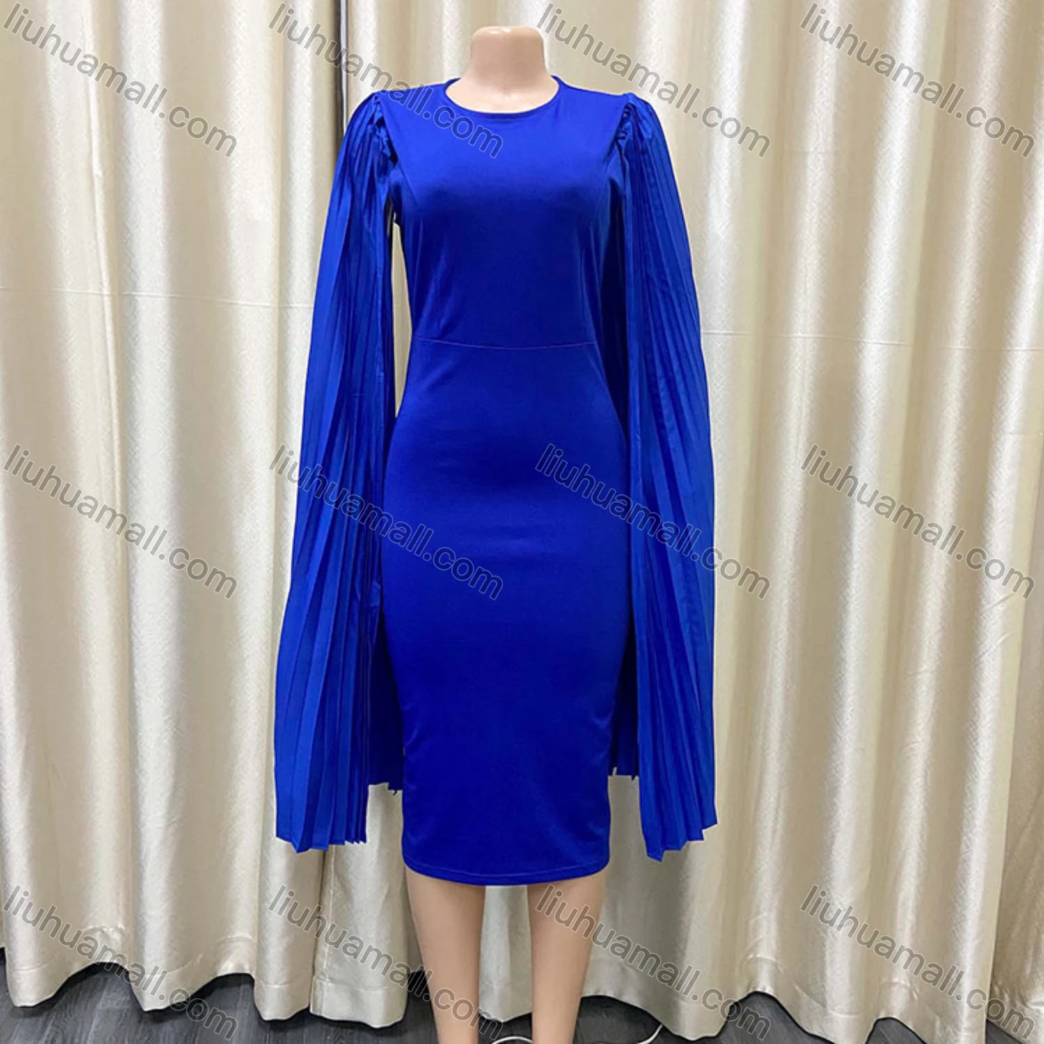 Wholesale Women's Plain Round Neck Pleated Shawl Sleeve Bodycon Cocktail Midi Dress - Liuhuamall