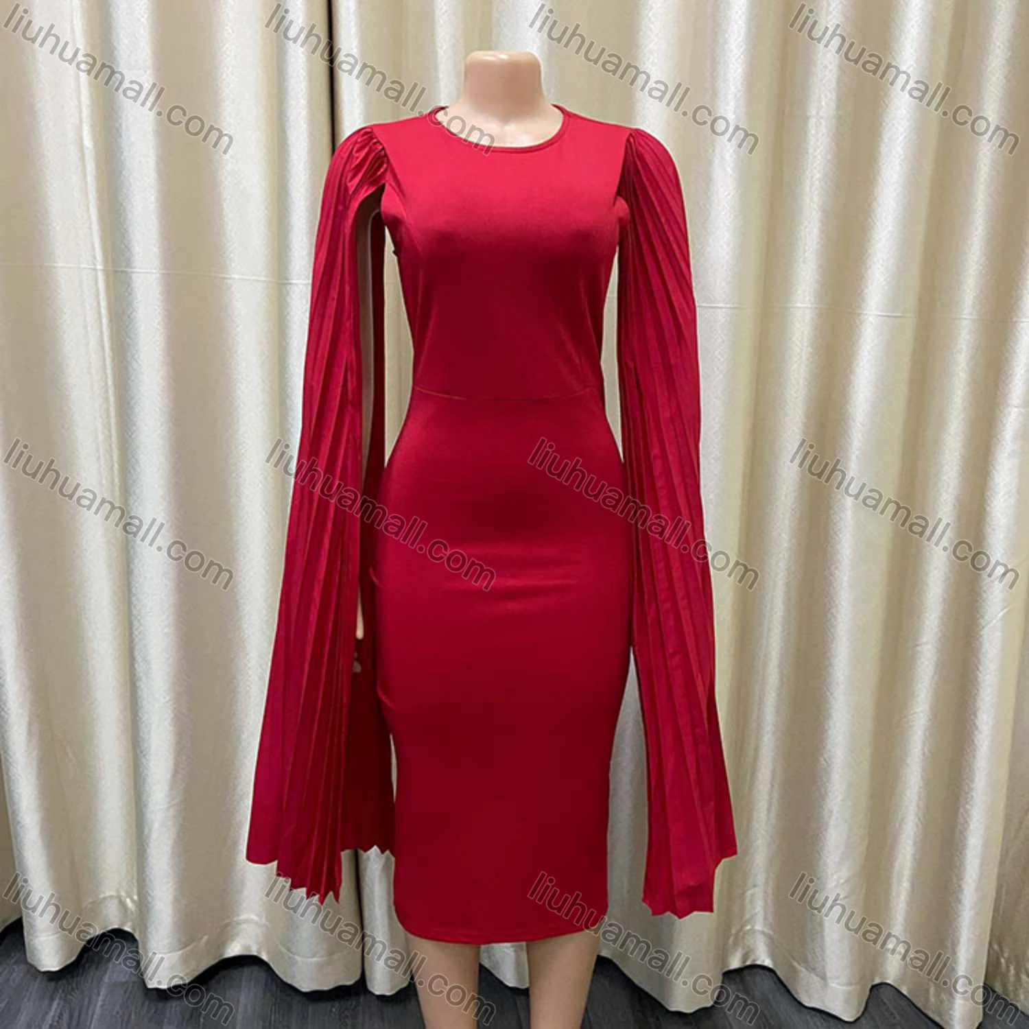 Wholesale Women's Plain Round Neck Pleated Shawl Sleeve Bodycon Cocktail Midi Dress - Liuhuamall