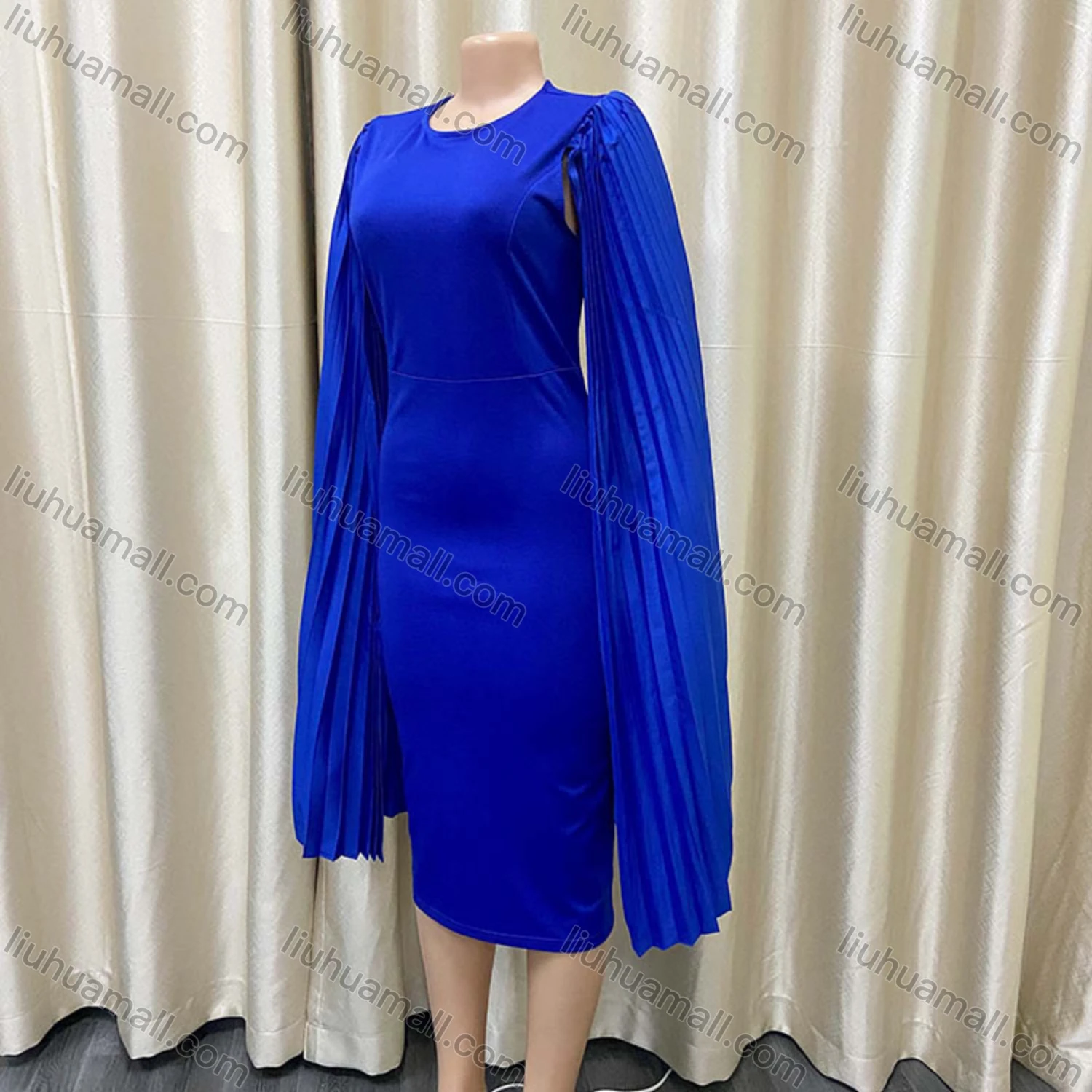 Wholesale Women's Plain Round Neck Pleated Shawl Sleeve Bodycon Cocktail Midi Dress - Liuhuamall