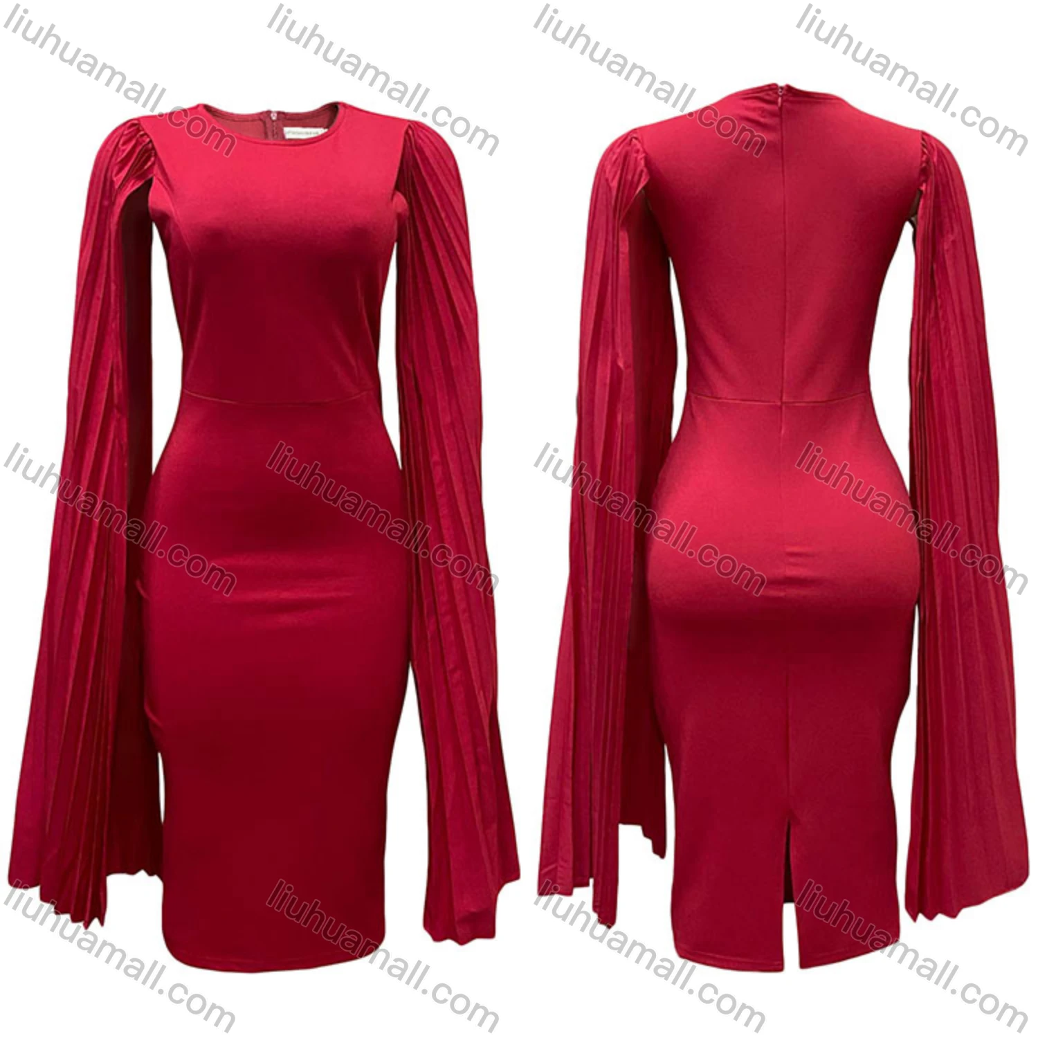 Wholesale Women's Plain Round Neck Pleated Shawl Sleeve Bodycon Cocktail Midi Dress - Liuhuamall