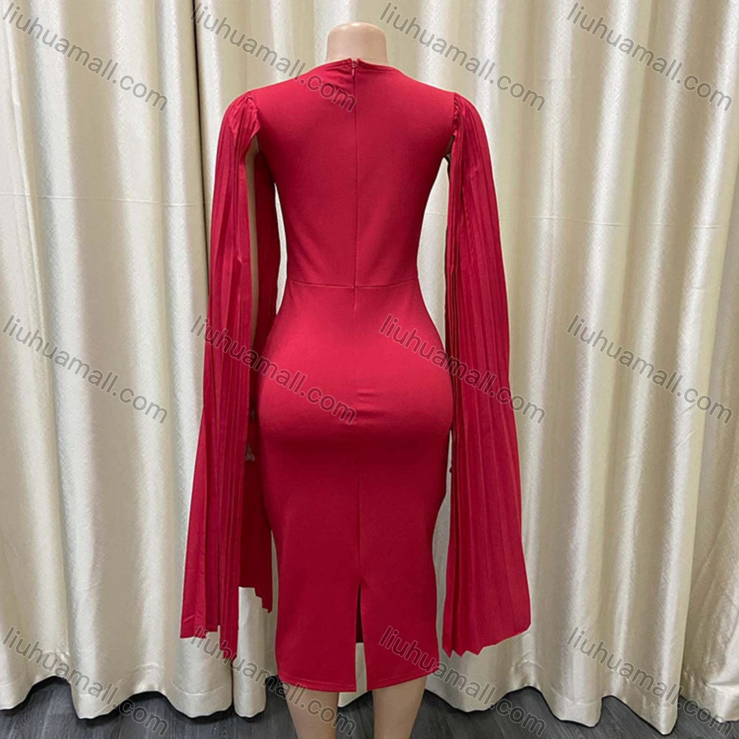 Wholesale Women's Plain Round Neck Pleated Shawl Sleeve Bodycon Cocktail Midi Dress - Liuhuamall