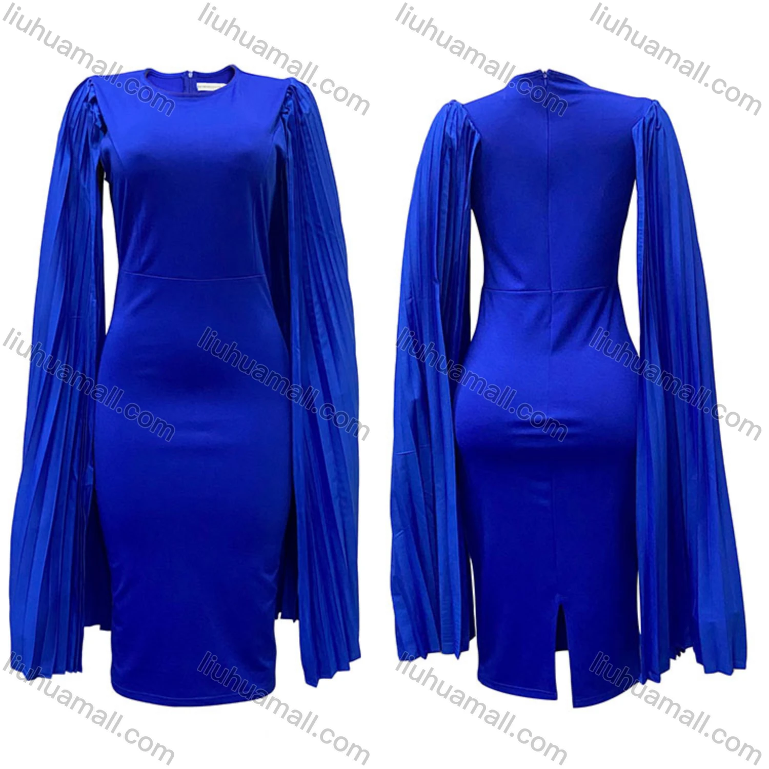 Wholesale Women's Plain Round Neck Pleated Shawl Sleeve Bodycon Cocktail Midi Dress - Liuhuamall