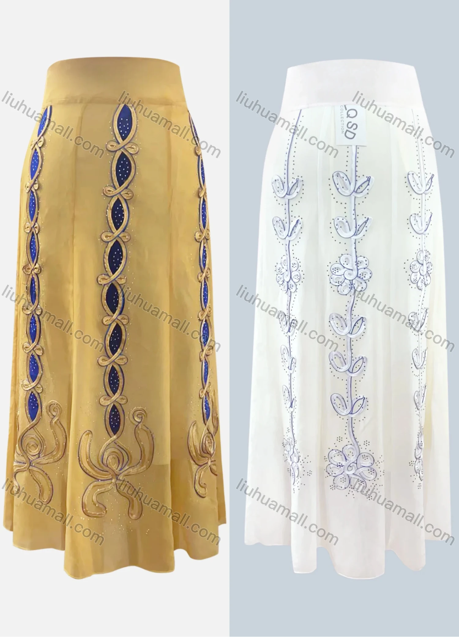 Wholesale Women's Vintage Gold Thread Embroidery Chiffon Maxi Skirt - Liuhuamall