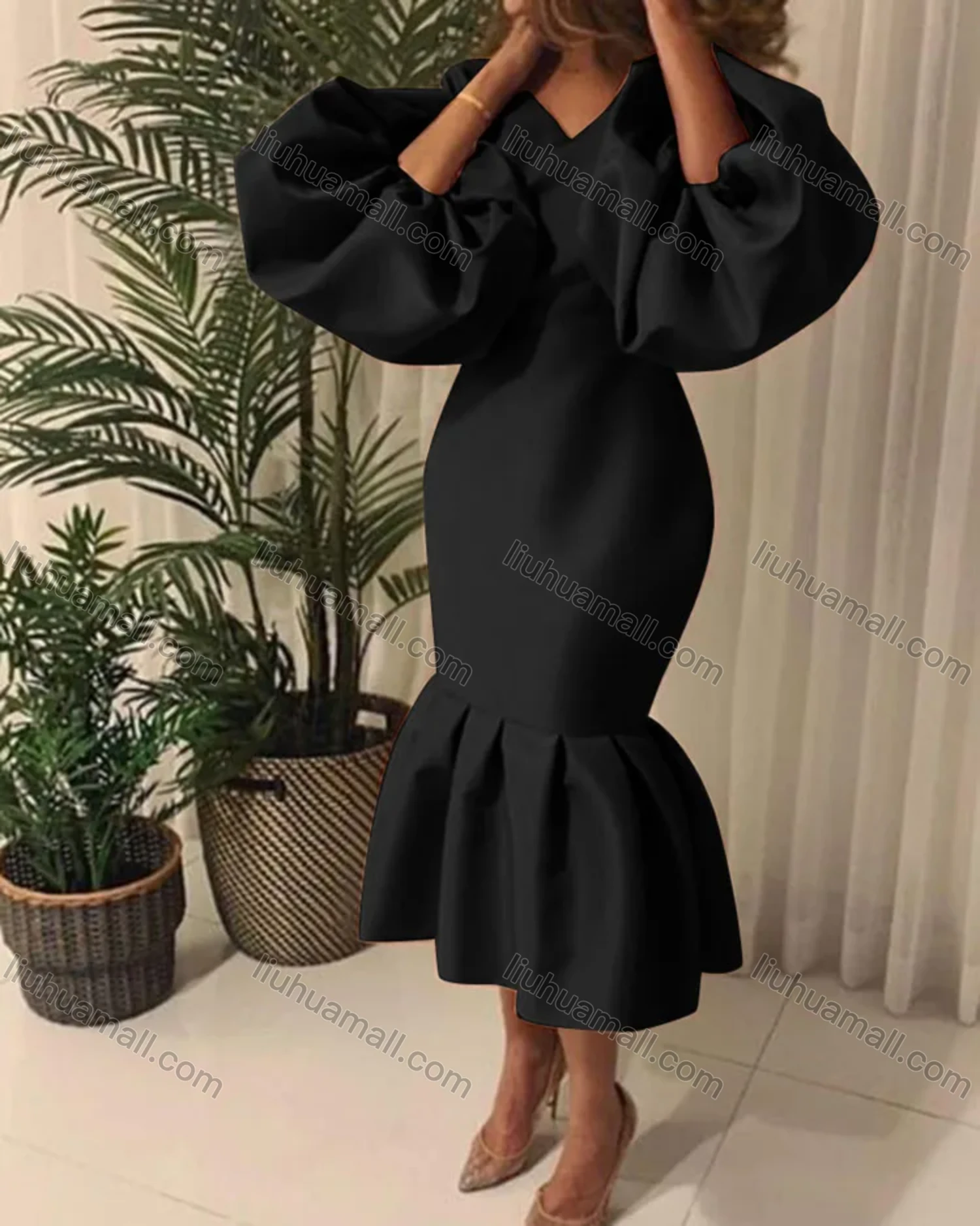 Wholesale Women's Plain V Neck Balloon Sleeve Ruffle Hem Bodycon Cocktail Midi Dress - Liuhuamall